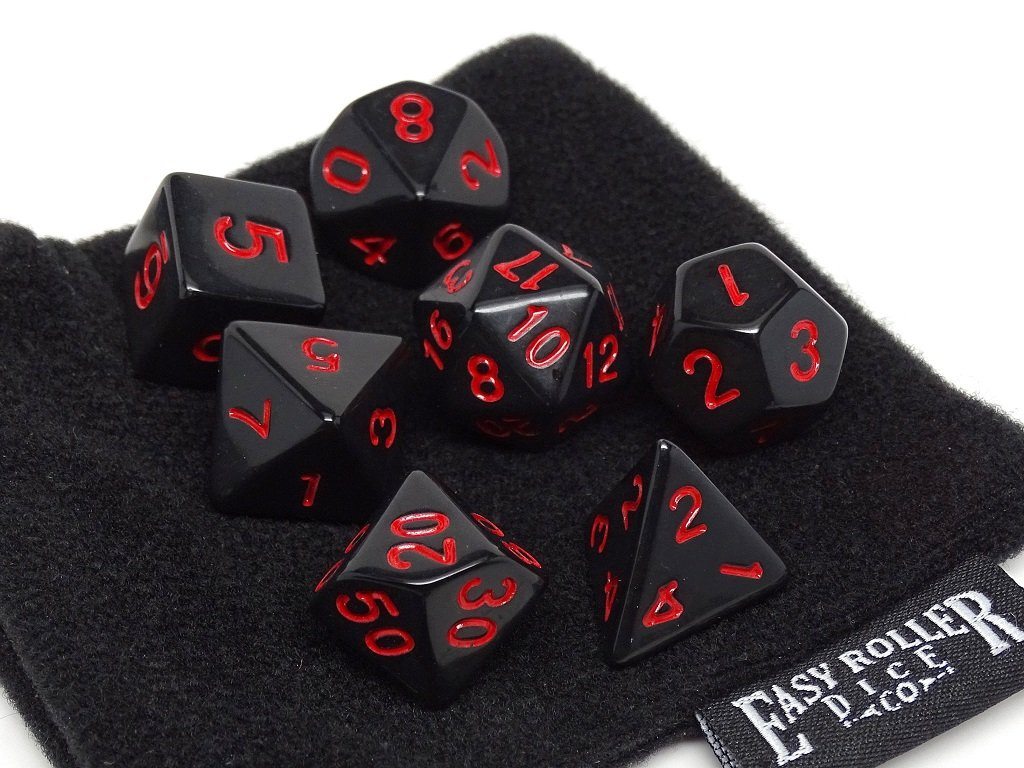 Black Opaque with Red Numbering Dice Collection - 7 Piece Set - Bards & Cards