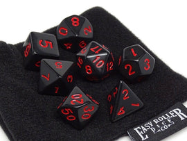 Black Opaque with Red Numbering Dice Collection - 7 Piece Set - Bards & Cards