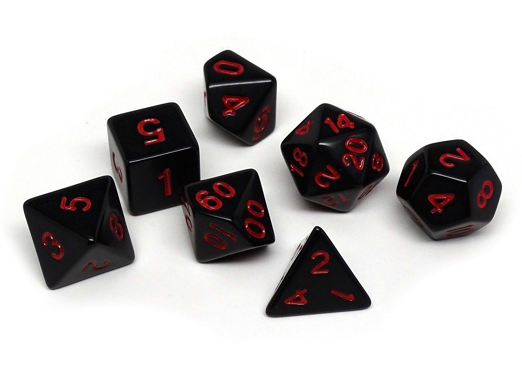 Black Opaque with Red Numbering Dice Collection - 7 Piece Set - Bards & Cards