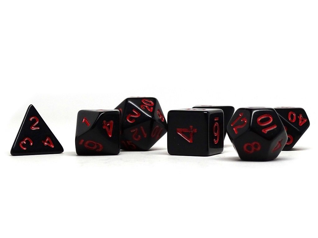 Black Opaque with Red Numbering Dice Collection - 7 Piece Set - Bards & Cards