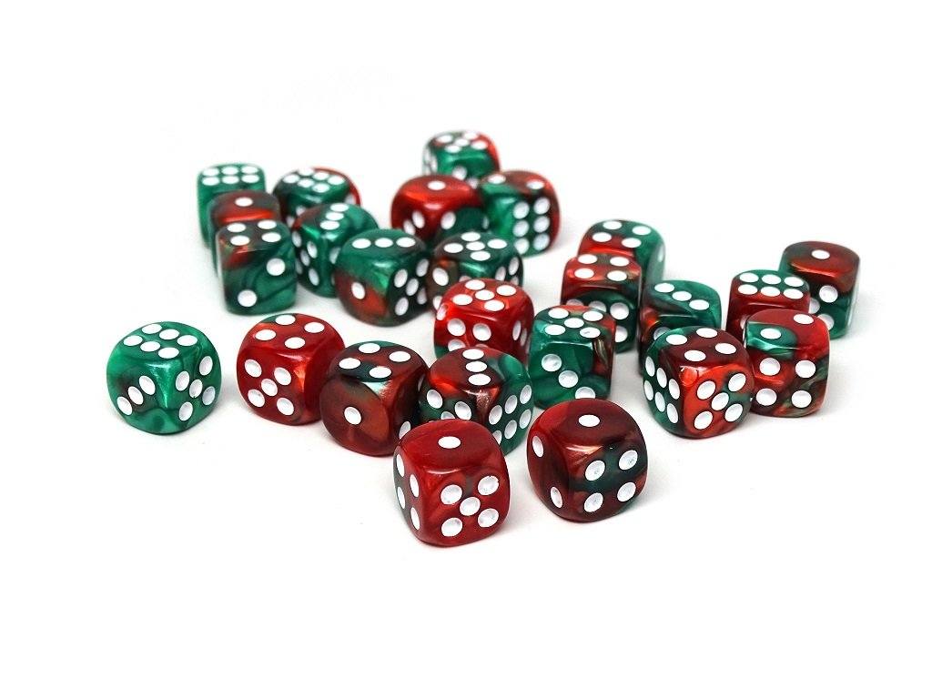 12mm D6 Dice - Green and Red Swirl - 25 Count Bag - Bards & Cards