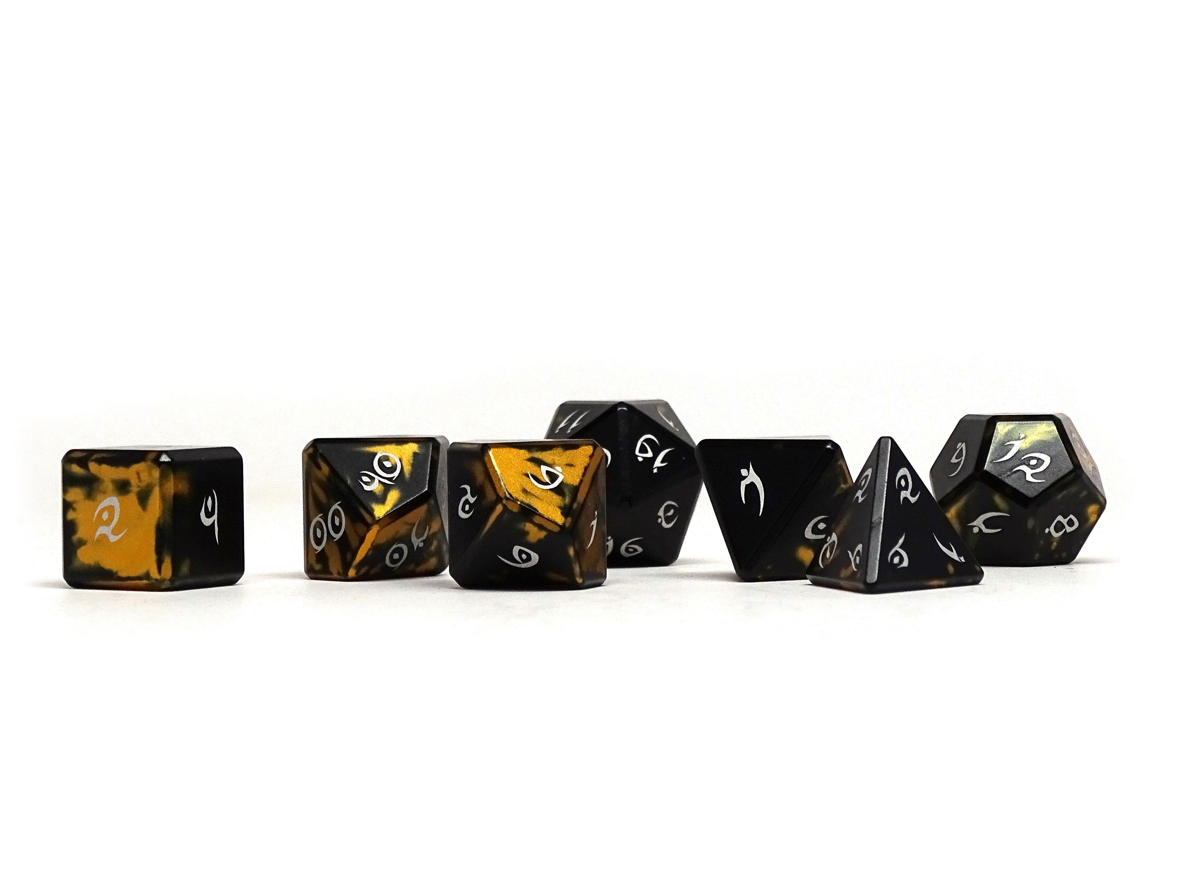 Aluminum Elite Dice of the Elvenkind - Gold 7 Dice Set - Bards & Cards