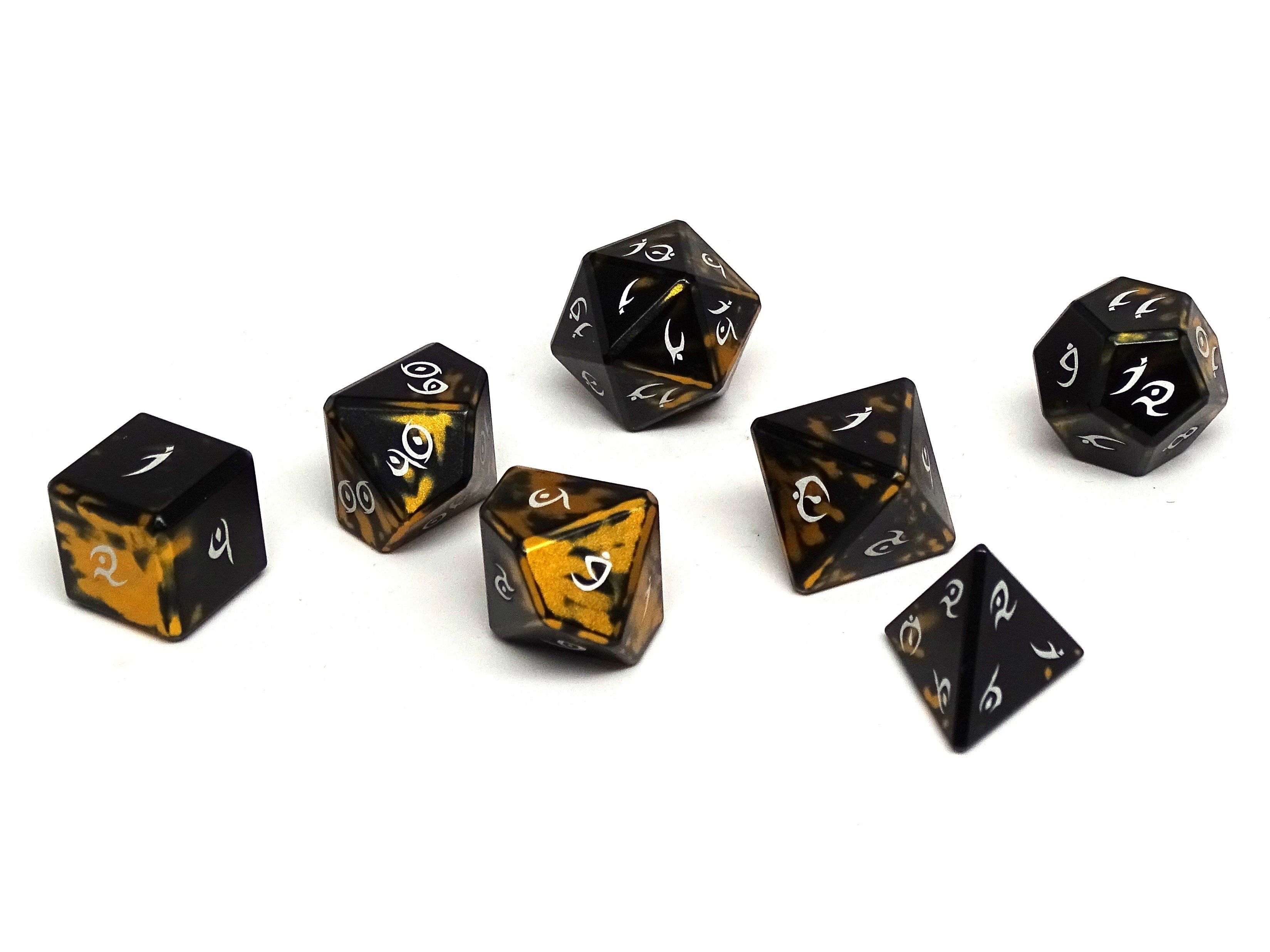 Aluminum Elite Dice of the Elvenkind - Gold 7 Dice Set - Bards & Cards