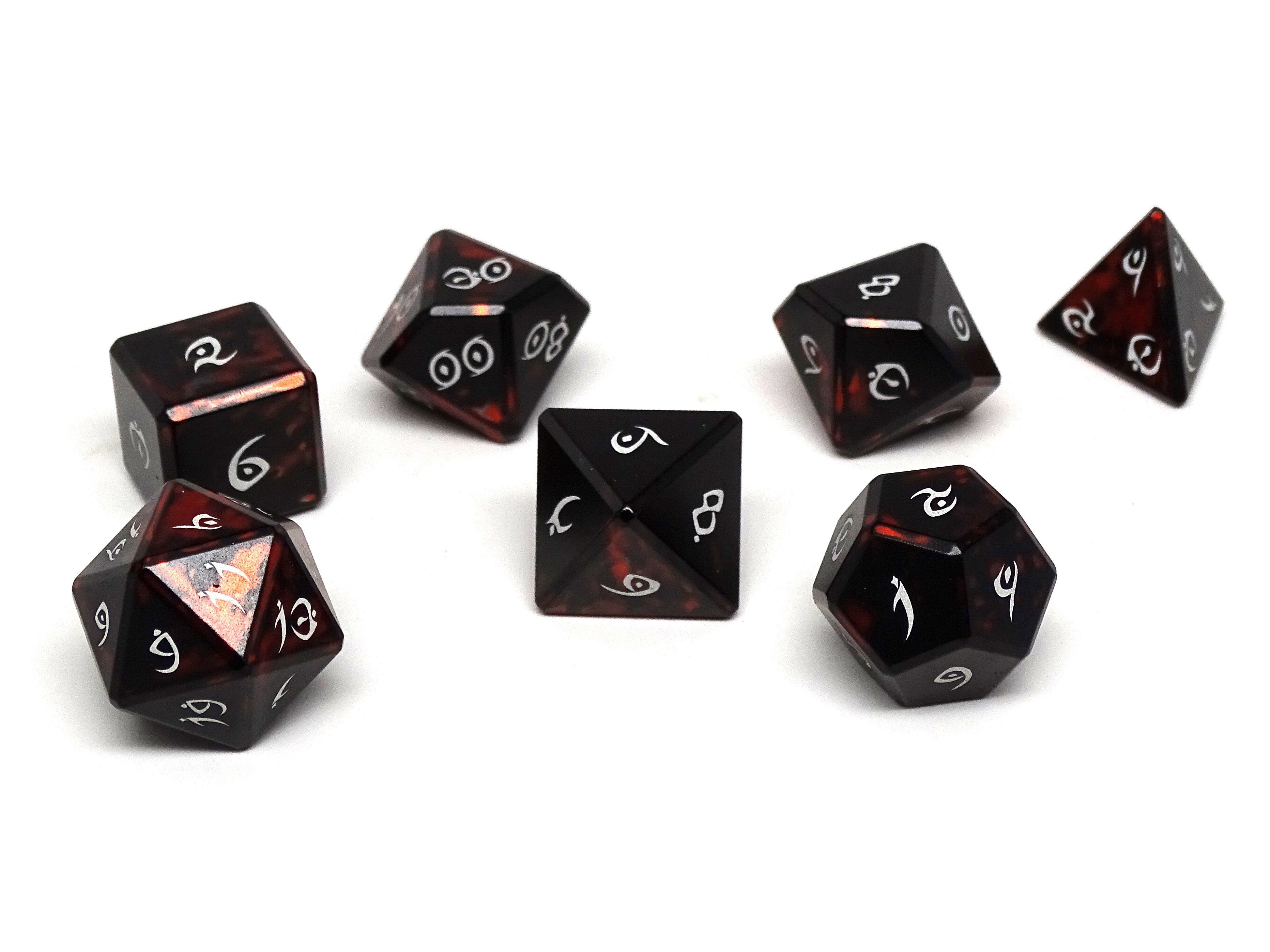 Aluminum Elite Dice of the Elvenkind - Orange 7 Dice Set - Bards & Cards