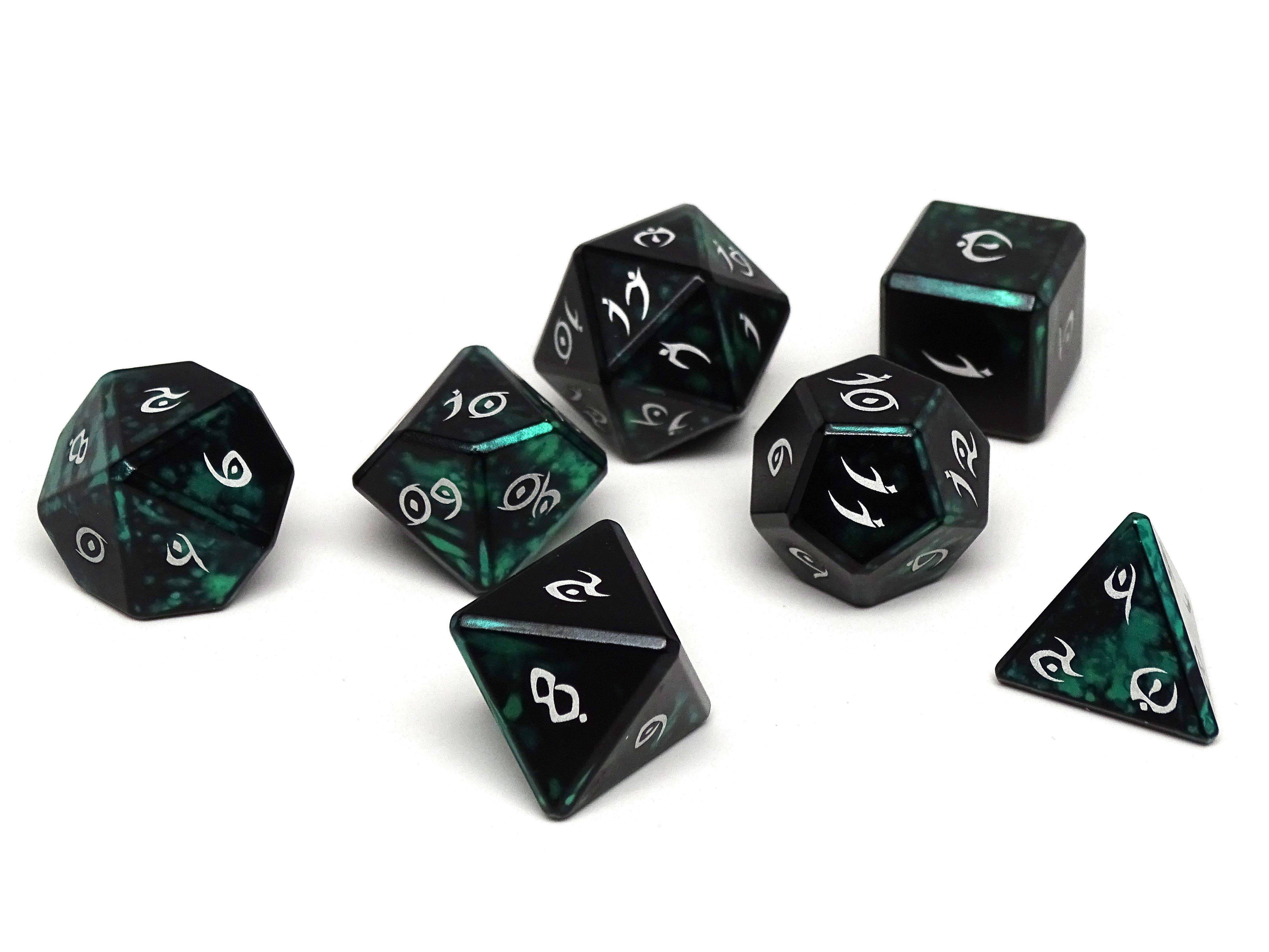 Aluminum Elite Dice of the Elvenkind - Green 7 Dice Set - Bards & Cards