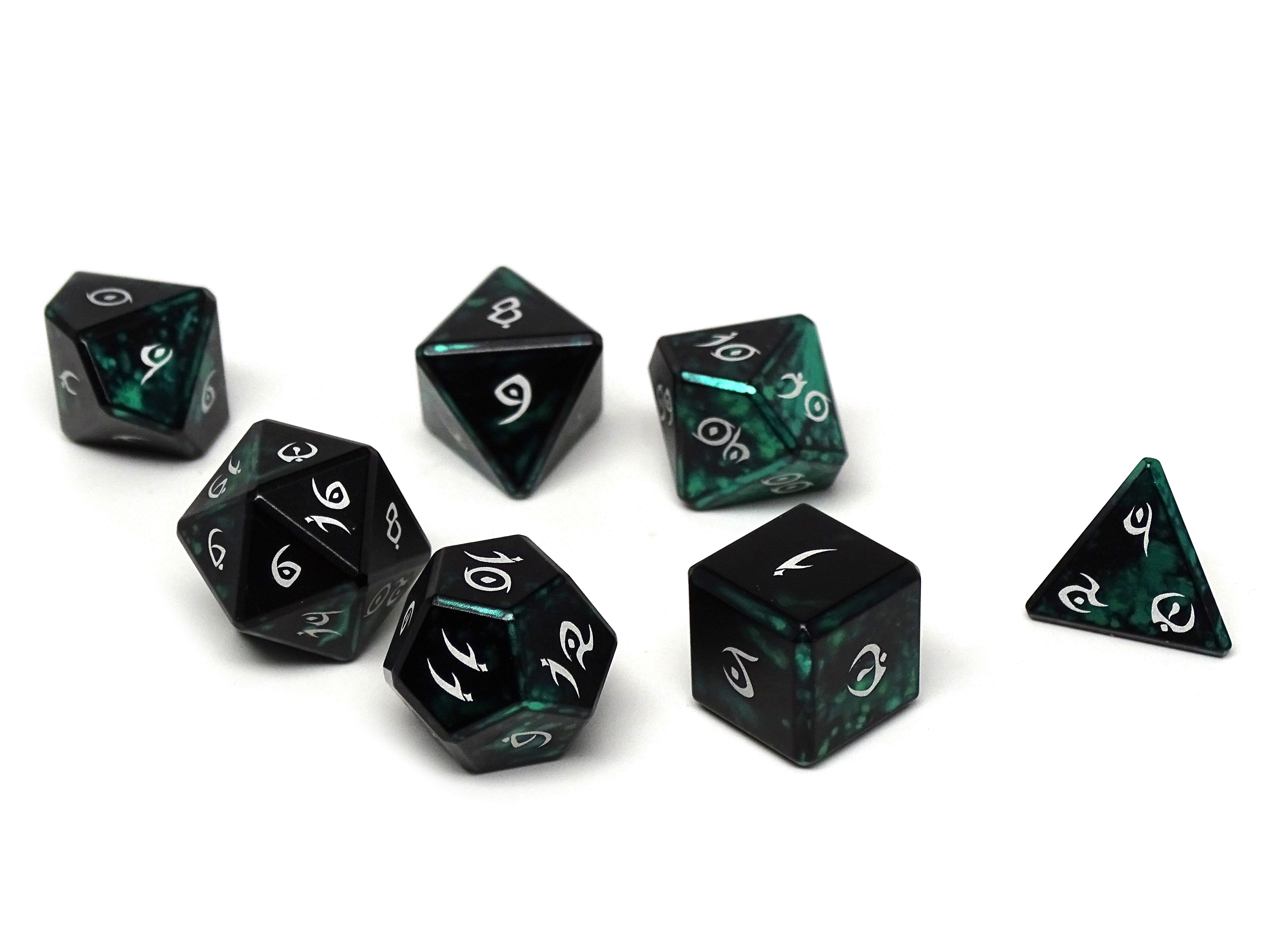 Aluminum Elite Dice of the Elvenkind - Green 7 Dice Set - Bards & Cards