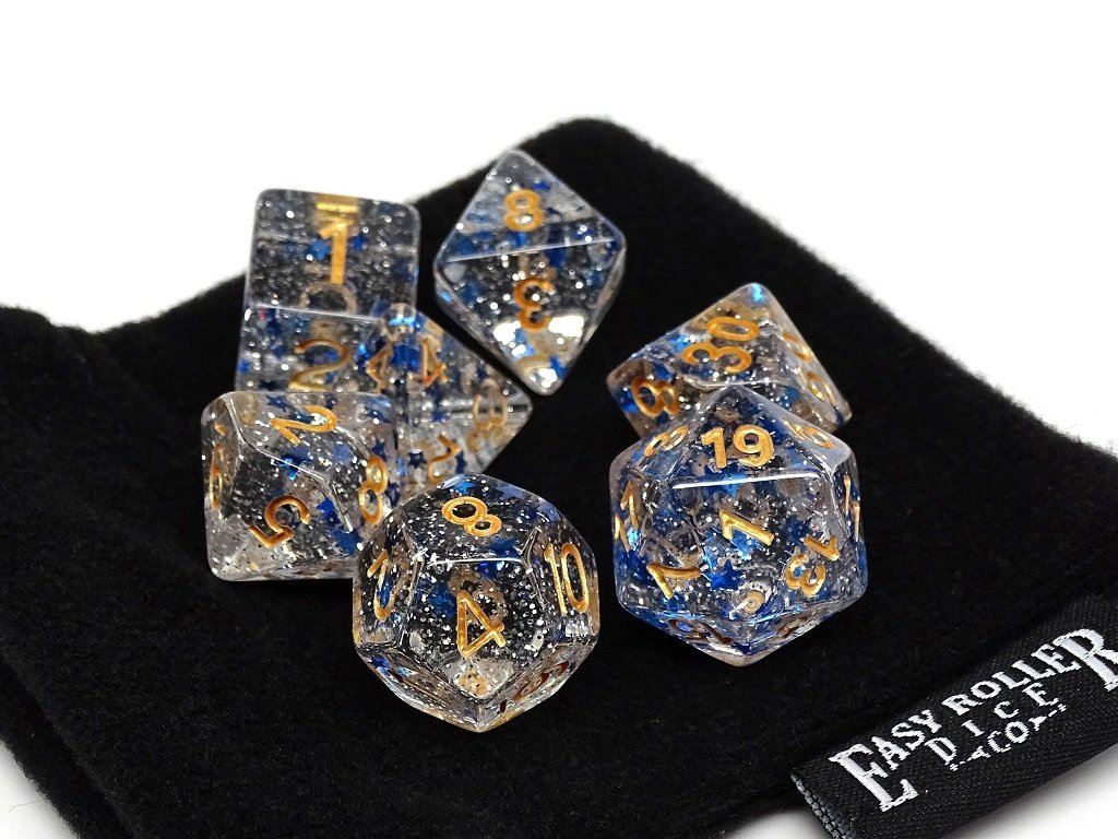 Translucent Starburst with Gold Numbering Dice Collection - 7 Piece Set - Bards & Cards