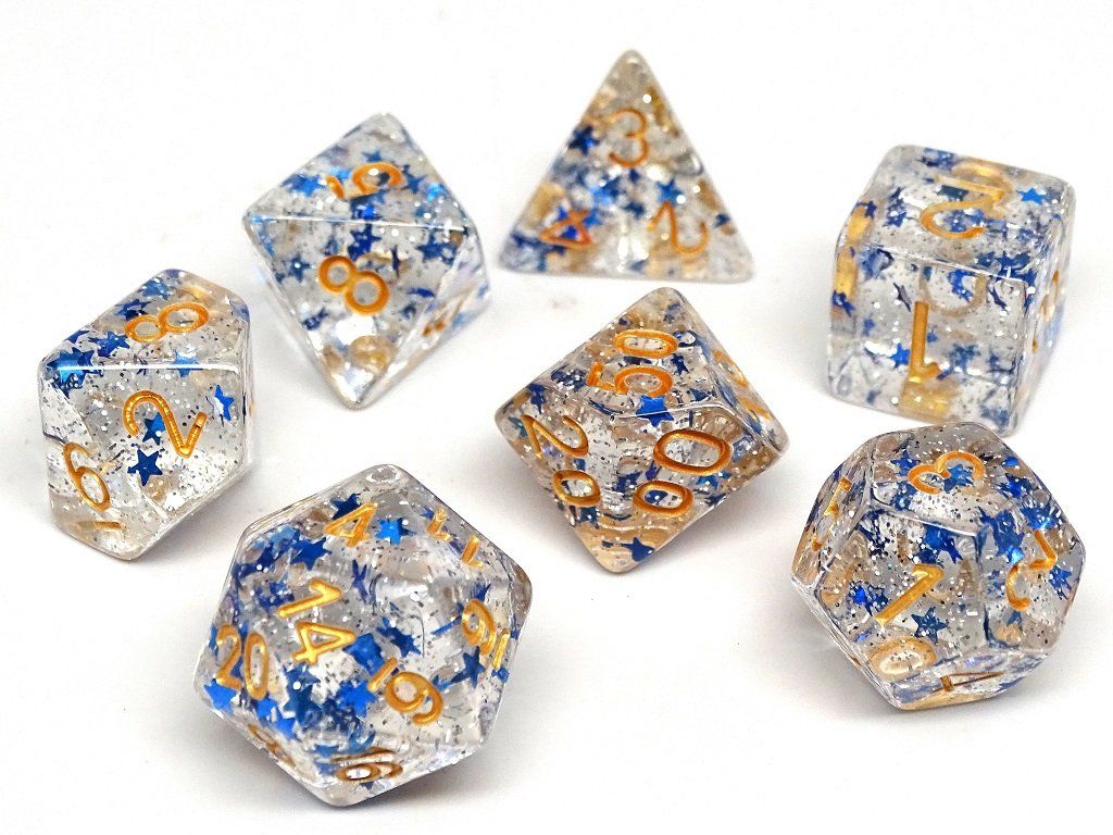 Translucent Starburst with Gold Numbering Dice Collection - 7 Piece Set - Bards & Cards