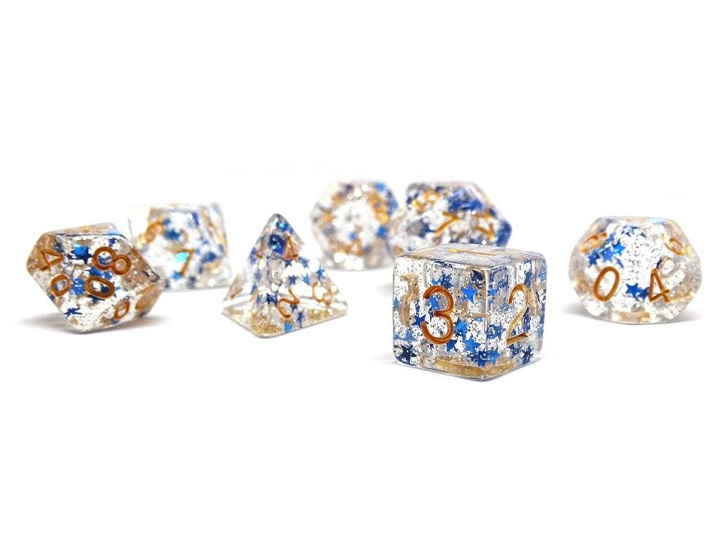 Translucent Starburst with Gold Numbering Dice Collection - 7 Piece Set - Bards & Cards