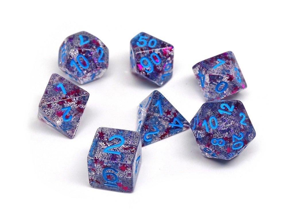 Translucent Starburst with Powder Blue Numbering Dice Collection - 7 Piece Set - Bards & Cards