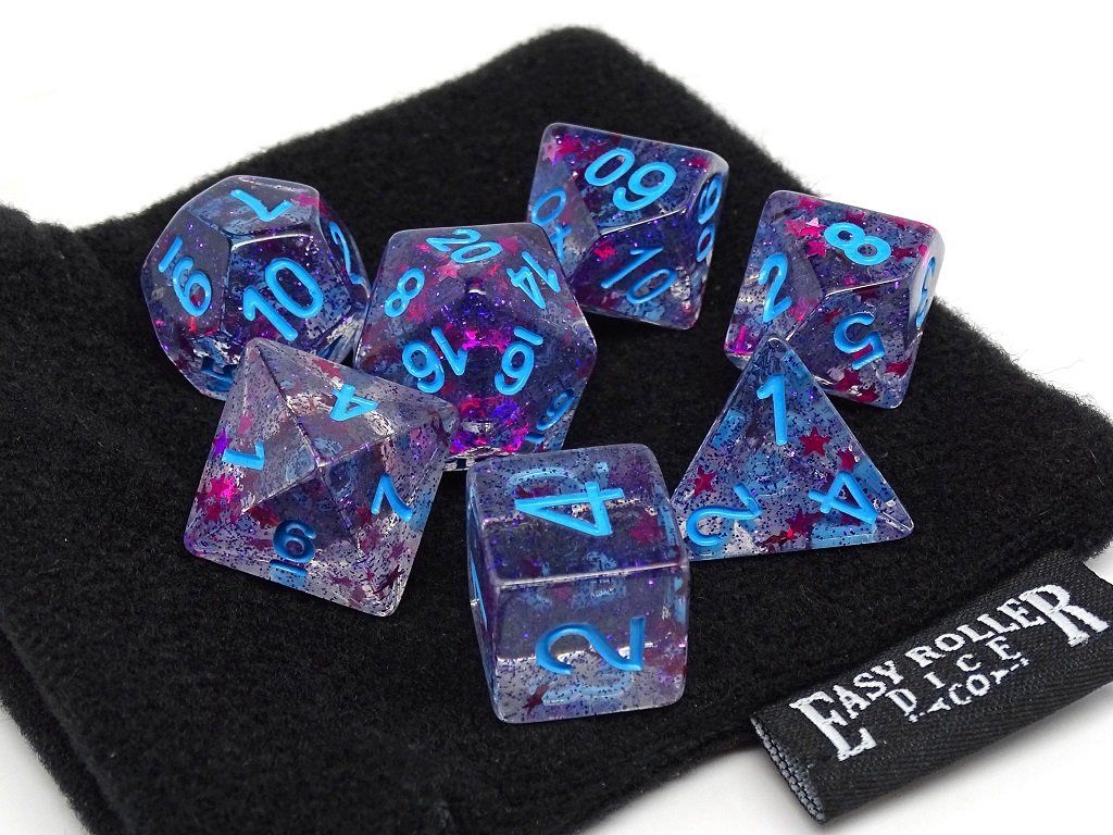 Translucent Starburst with Powder Blue Numbering Dice Collection - 7 Piece Set - Bards & Cards