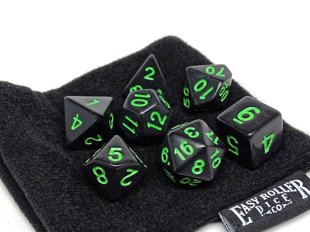 Black Opaque with Green Numbering Dice Collection - 7 Piece Set - Bards & Cards