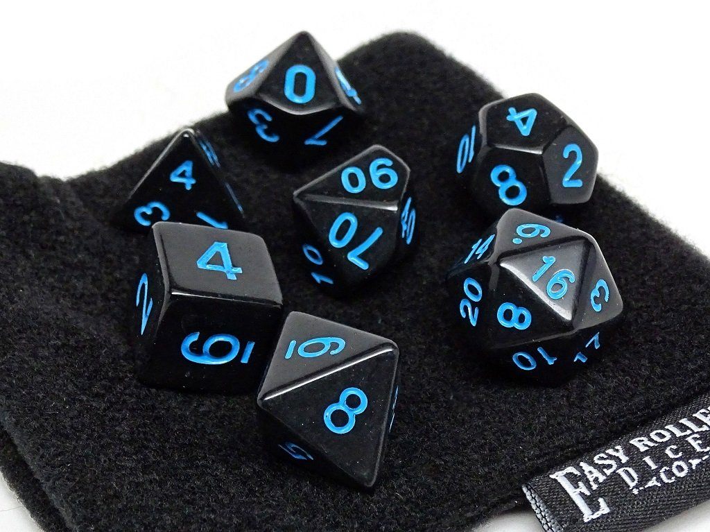 Black Opaque with Blue Numbering Dice Collection - 7 Piece Set - Bards & Cards