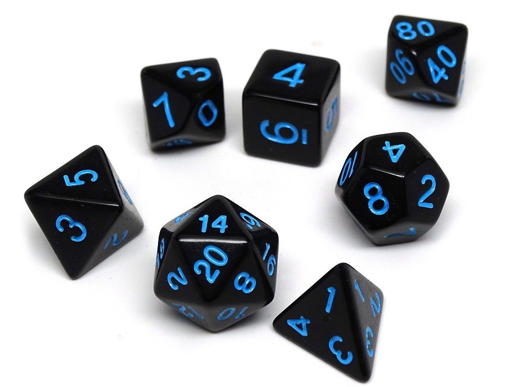 Black Opaque with Blue Numbering Dice Collection - 7 Piece Set - Bards & Cards