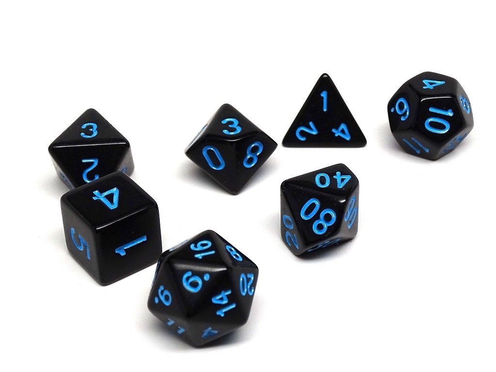 Black Opaque with Blue Numbering Dice Collection - 7 Piece Set - Bards & Cards