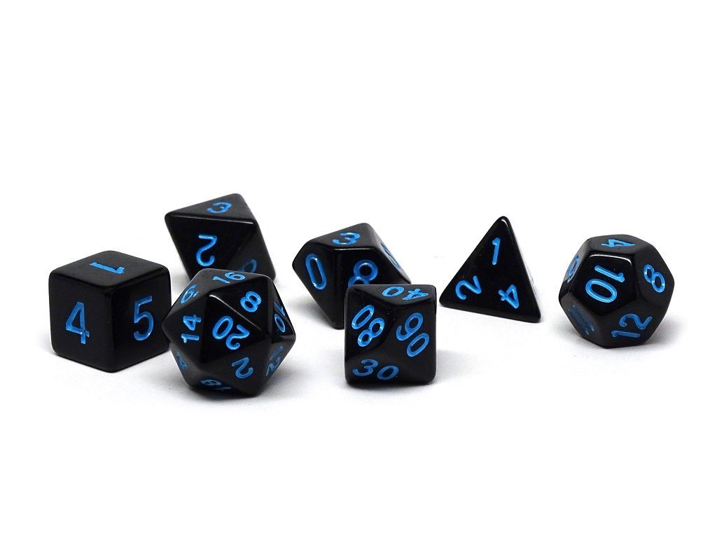 Black Opaque with Blue Numbering Dice Collection - 7 Piece Set - Bards & Cards