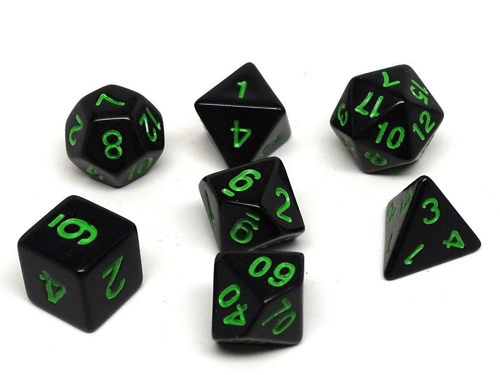 Black Opaque with Green Numbering Dice Collection - 7 Piece Set - Bards & Cards