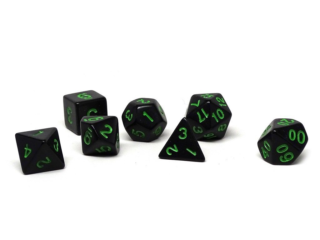 Black Opaque with Green Numbering Dice Collection - 7 Piece Set - Bards & Cards