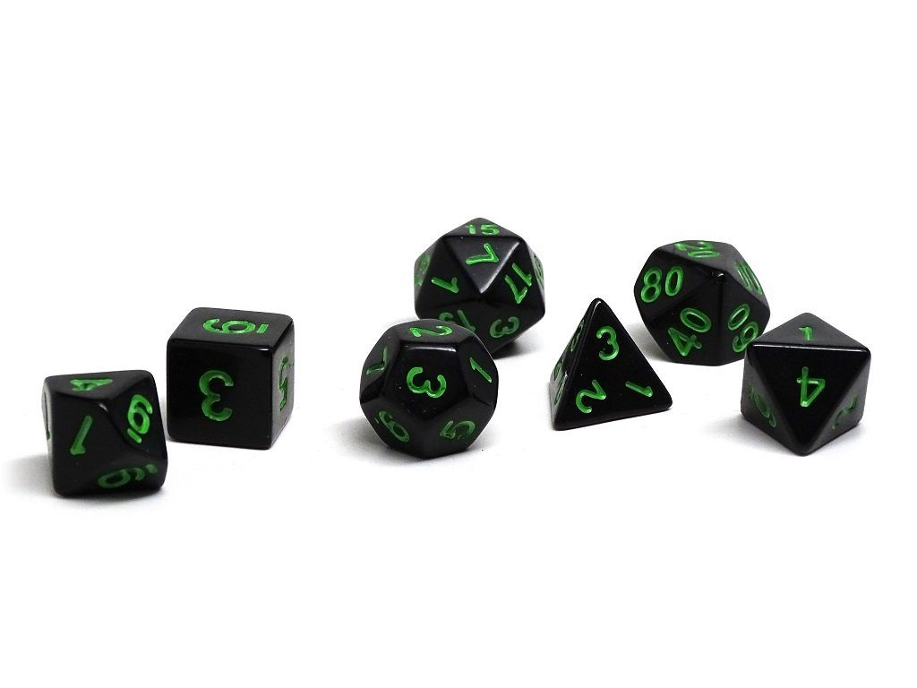 Black Opaque with Green Numbering Dice Collection - 7 Piece Set - Bards & Cards