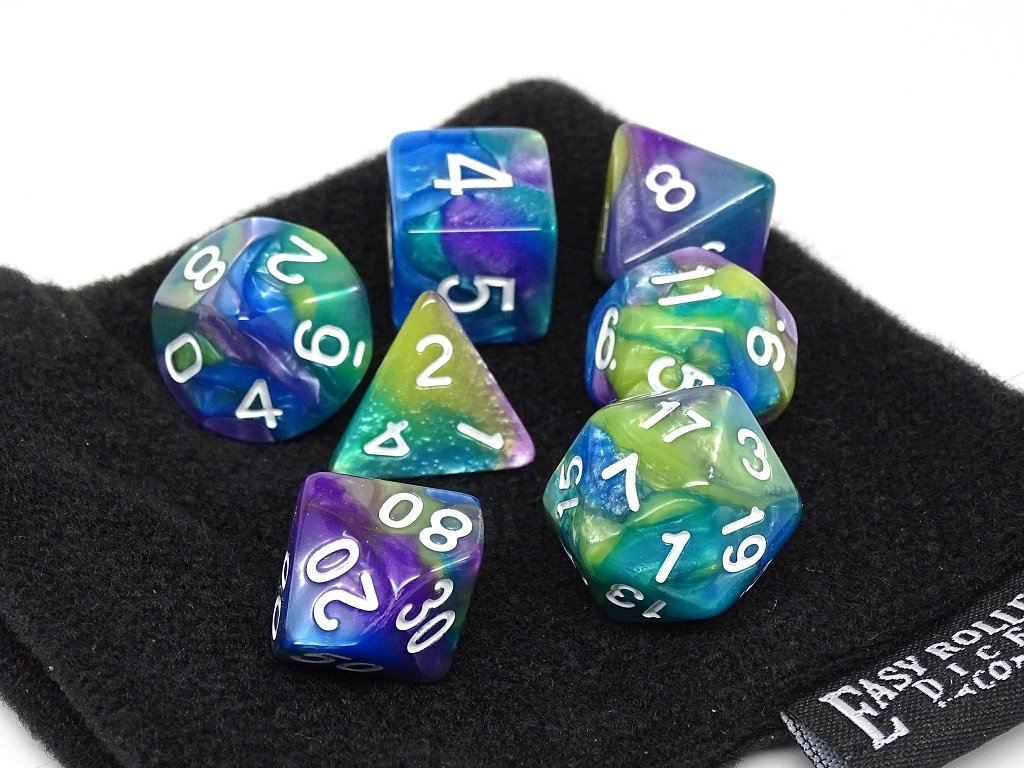 Green, Purple, and Blue Marble Dice Collection - 7 Piece Set - Bards & Cards