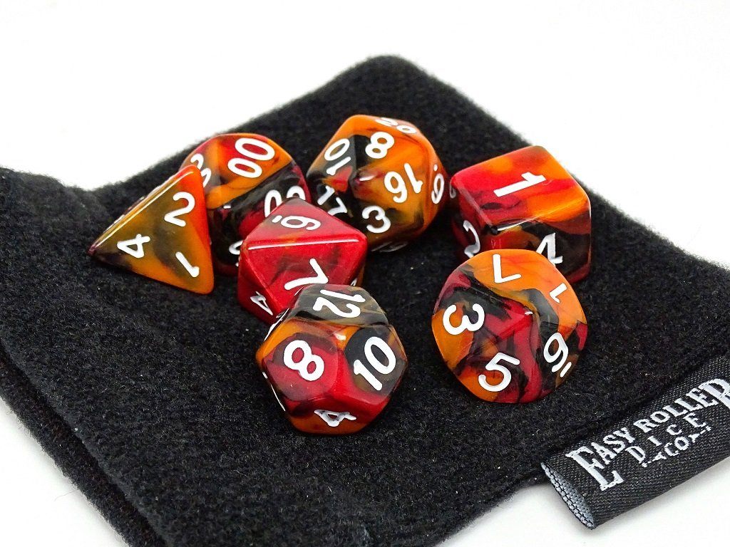 Black, Orange, and Red Marble Dice Collection - 7 Piece Set - Bards & Cards