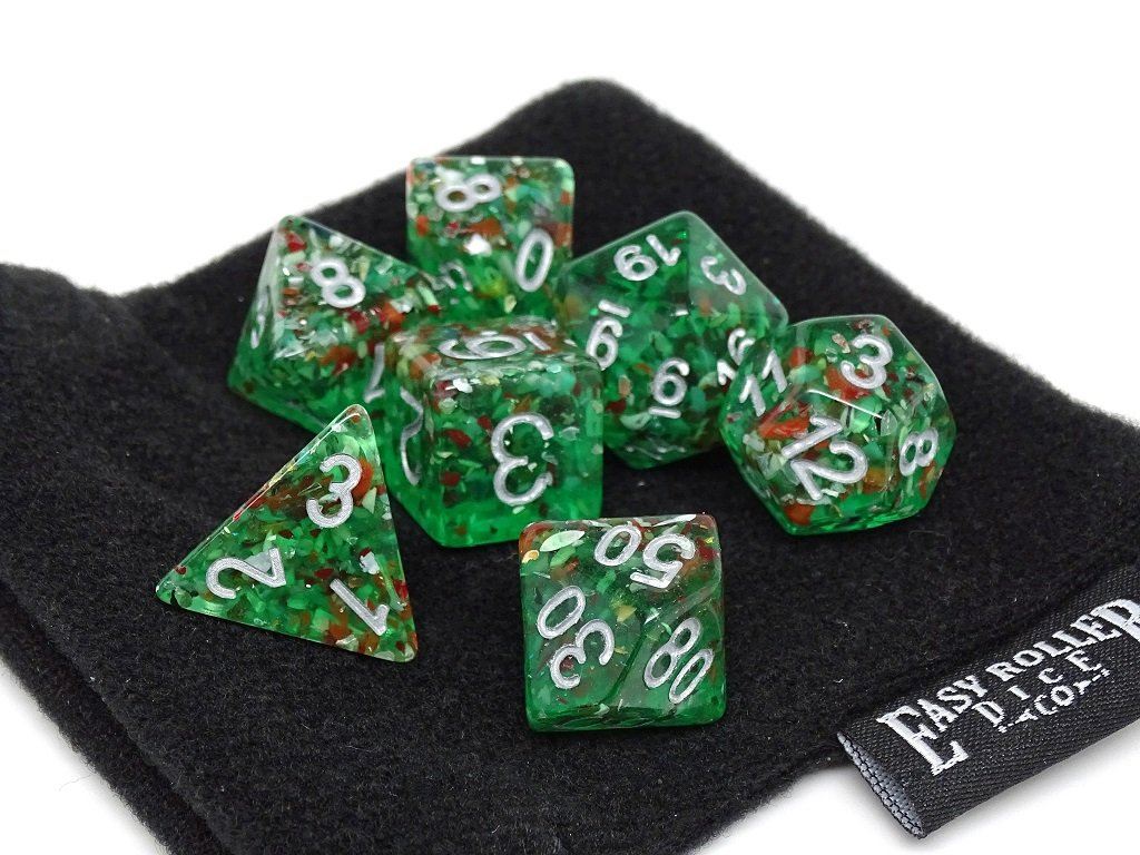 Green Translucent Speckle Dice Collection - 7 Piece Set - Bards & Cards