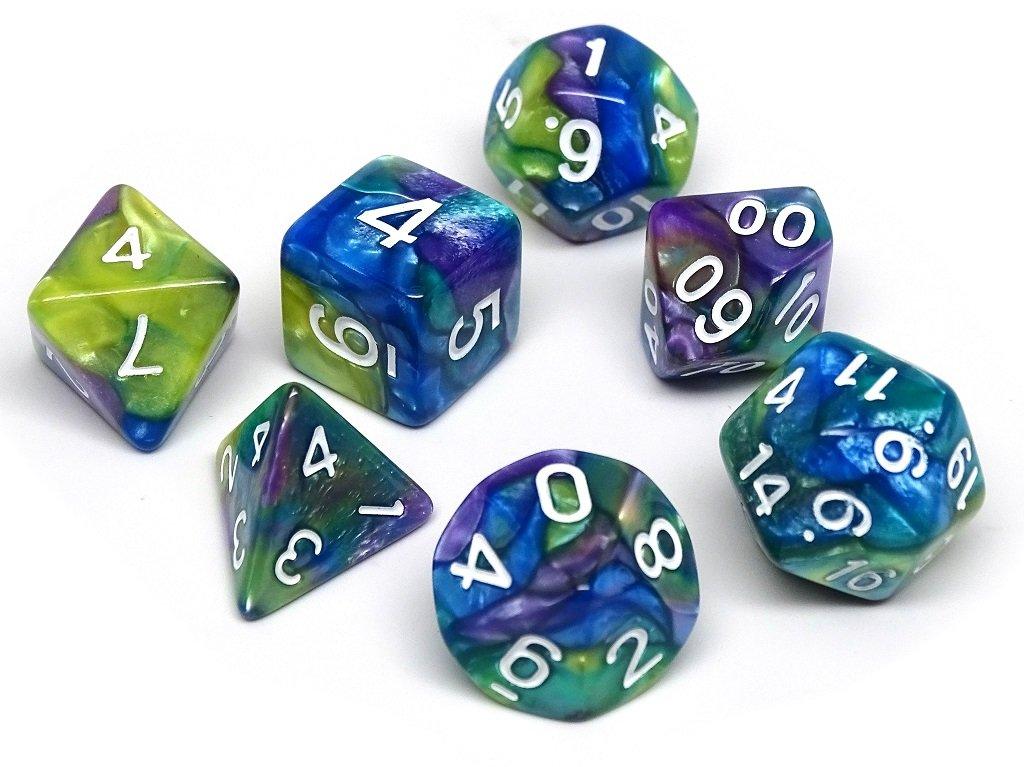 Green, Purple, and Blue Marble Dice Collection - 7 Piece Set - Bards & Cards