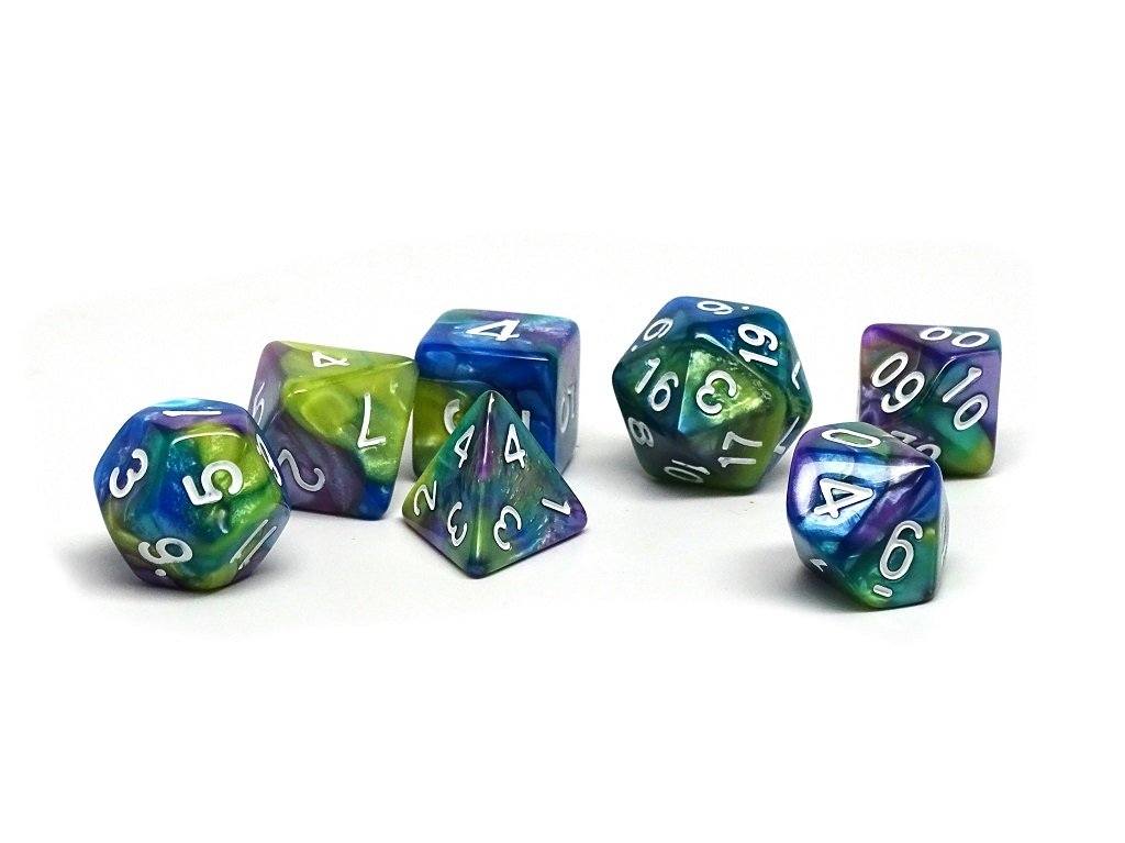 Green, Purple, and Blue Marble Dice Collection - 7 Piece Set - Bards & Cards