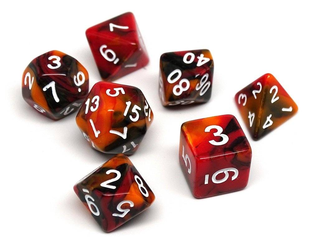 Black, Orange, and Red Marble Dice Collection - 7 Piece Set - Bards & Cards