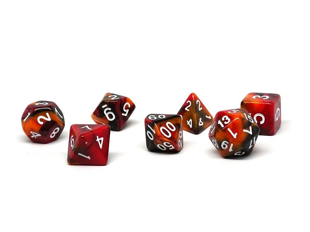 Black, Orange, and Red Marble Dice Collection - 7 Piece Set - Bards & Cards