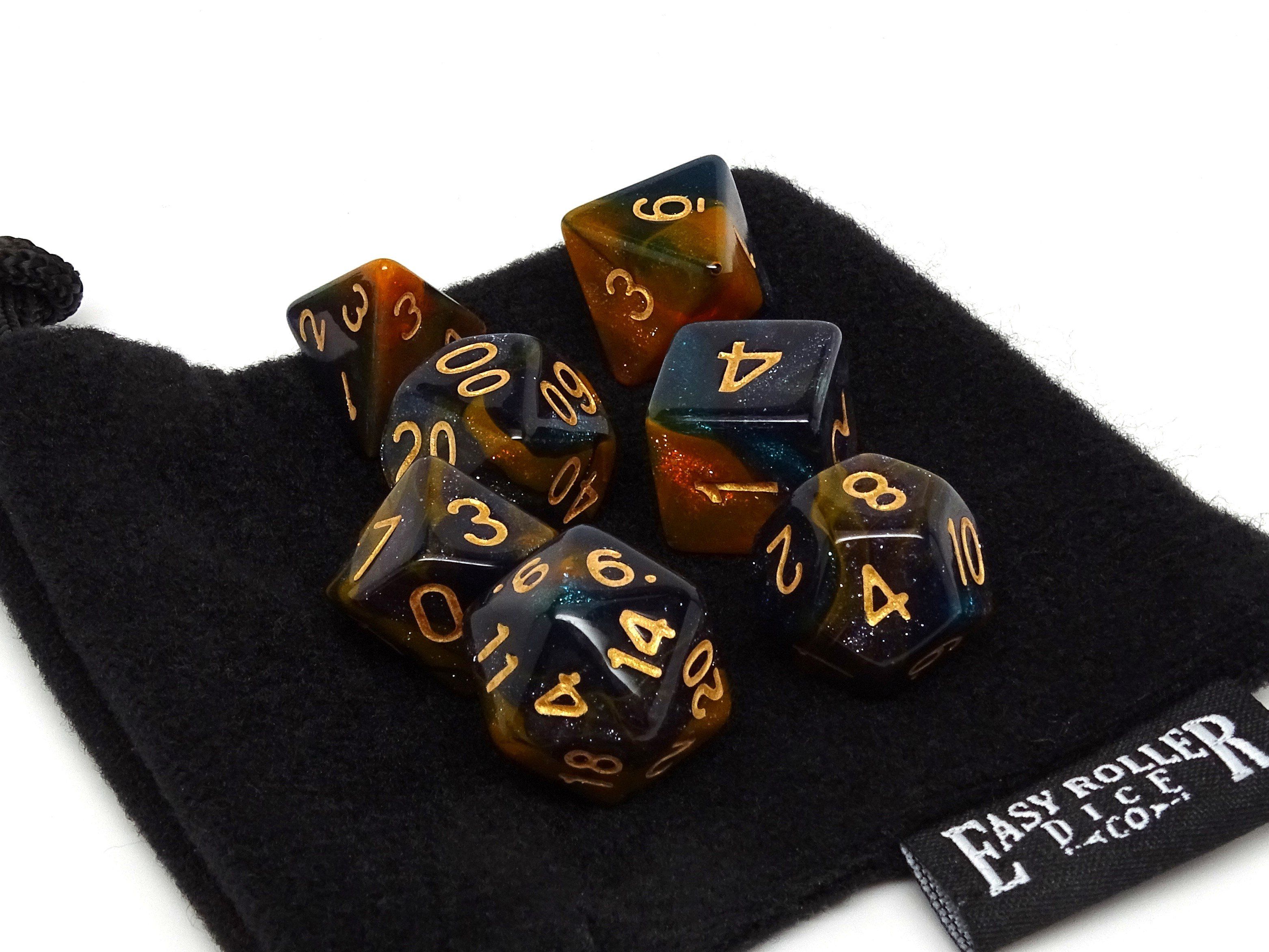 Orange and Blue Marble Dice Collection - 7 Piece Set - Bards & Cards