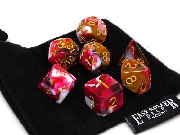 Pink, Brown, and White Marble Dice Collection - 7 Piece Set - Bards & Cards