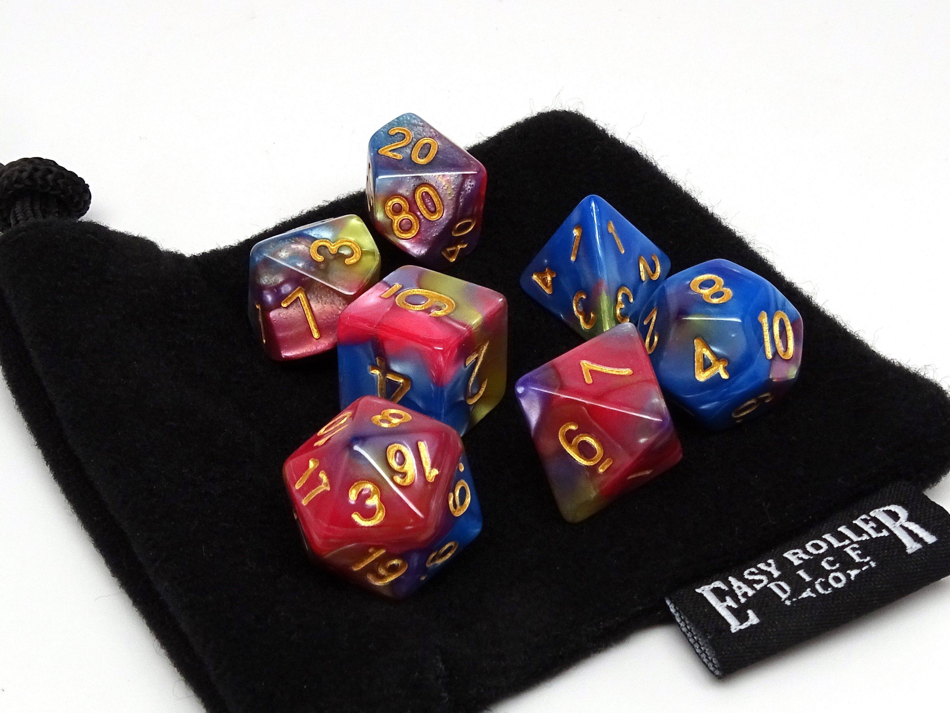 Blue, Pink, and Yellow Marble Dice Collection - 7 Piece Set - Bards & Cards