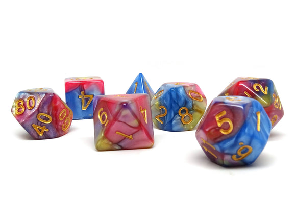 Blue, Pink, and Yellow Marble Dice Collection - 7 Piece Set - Bards & Cards