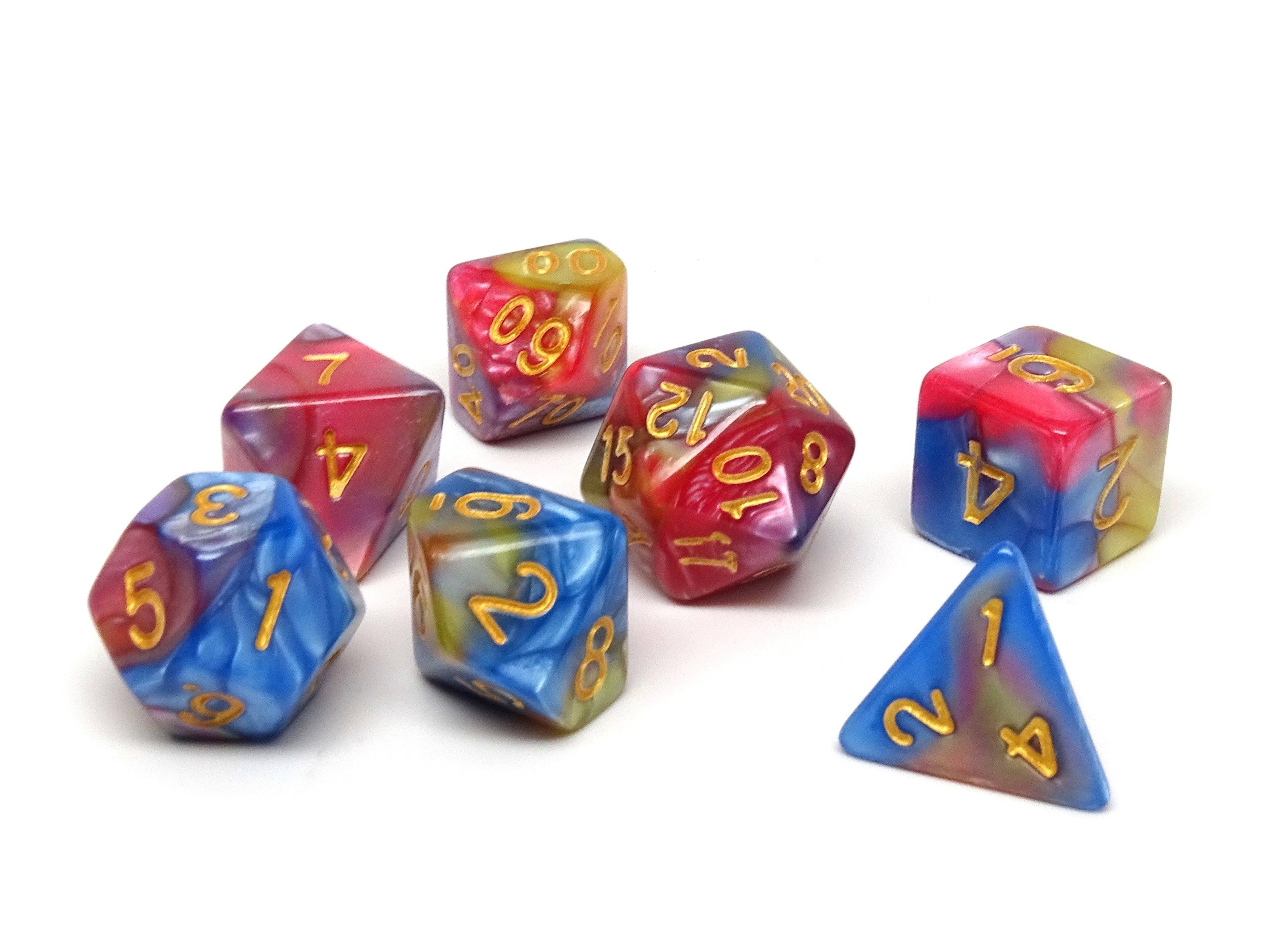 Blue, Pink, and Yellow Marble Dice Collection - 7 Piece Set - Bards & Cards