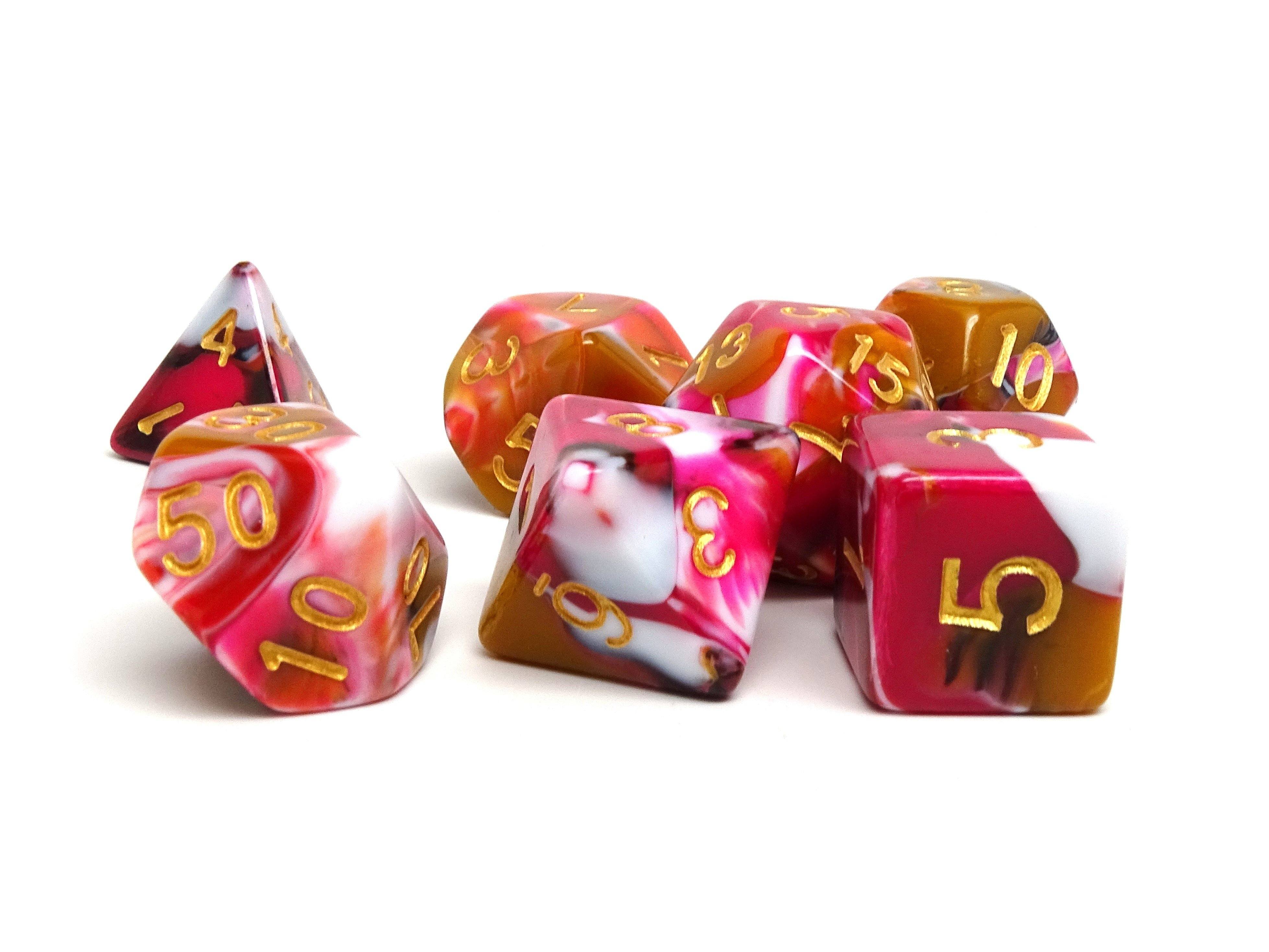 Pink, Brown, and White Marble Dice Collection - 7 Piece Set - Bards & Cards