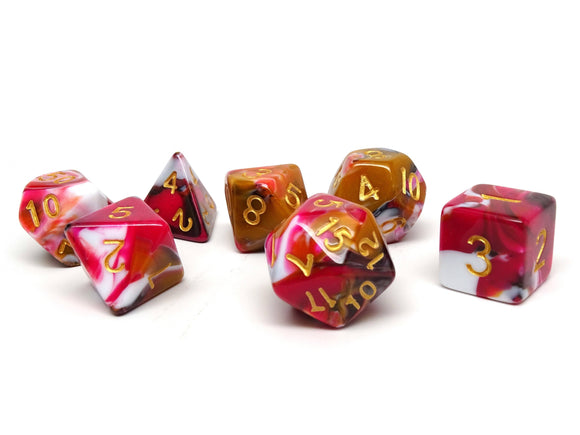 Pink, Brown, and White Marble Dice Collection - 7 Piece Set - Bards & Cards