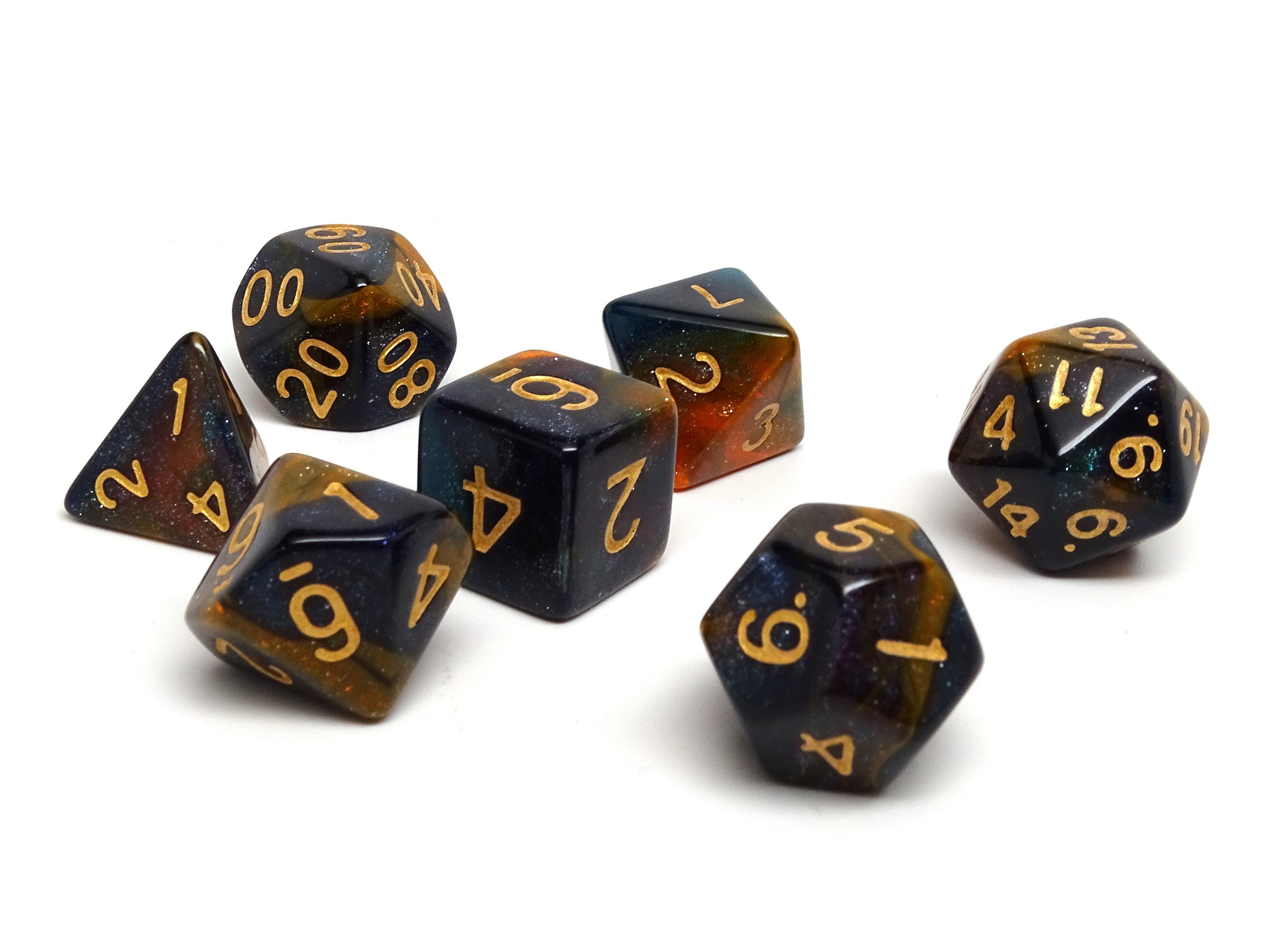 Orange and Blue Marble Dice Collection - 7 Piece Set - Bards & Cards