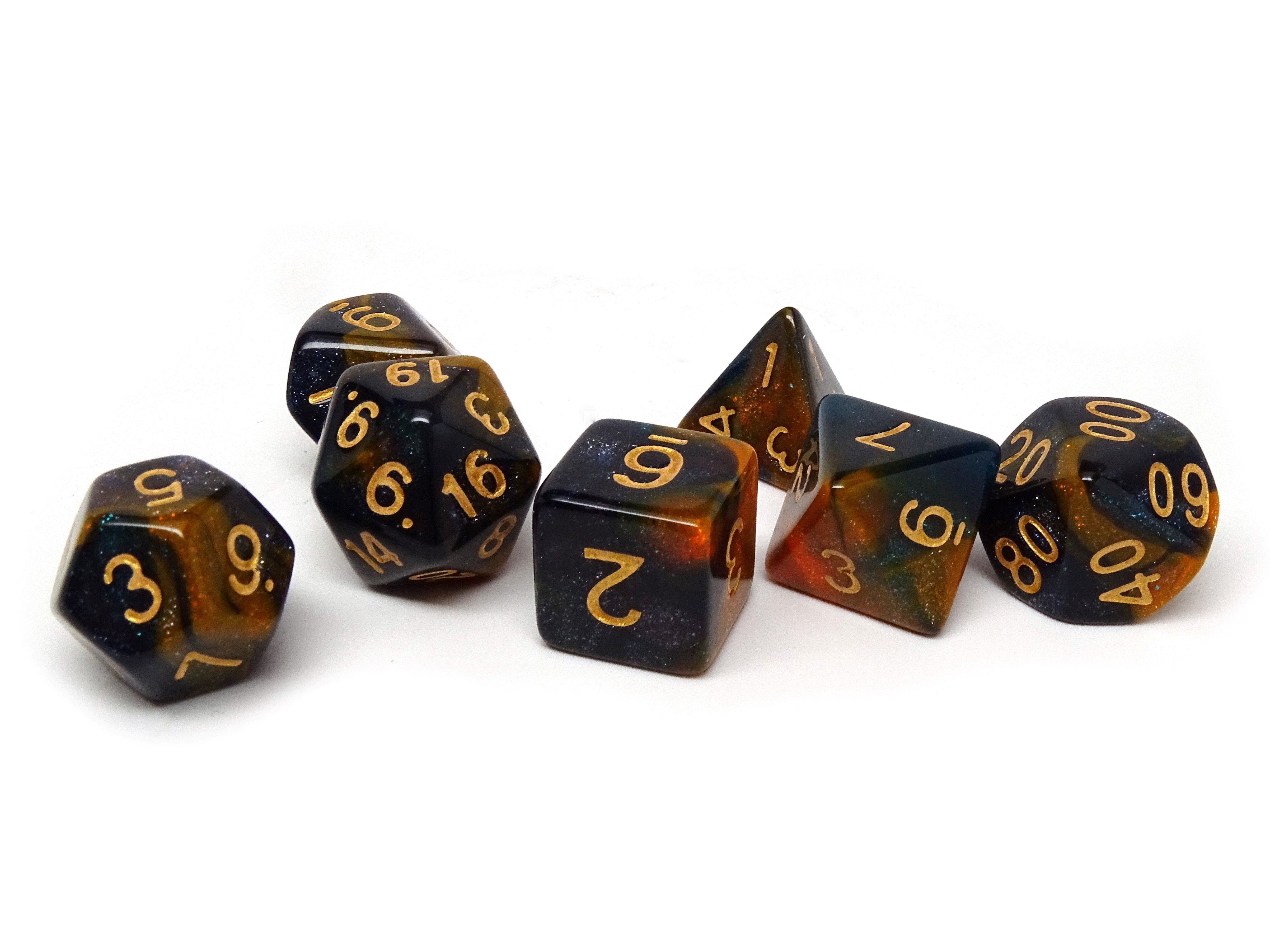 Orange and Blue Marble Dice Collection - 7 Piece Set - Bards & Cards