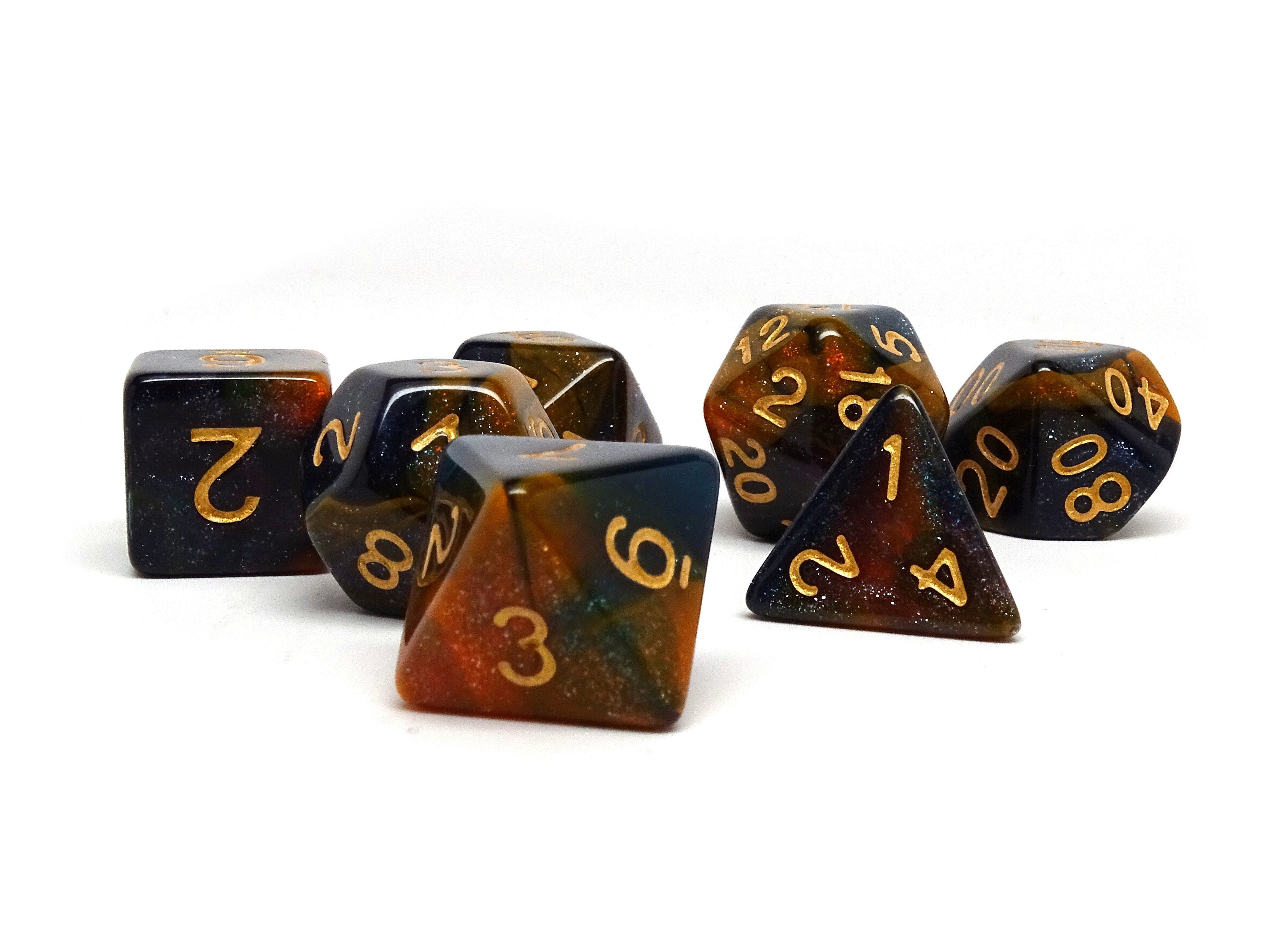 Orange and Blue Marble Dice Collection - 7 Piece Set - Bards & Cards