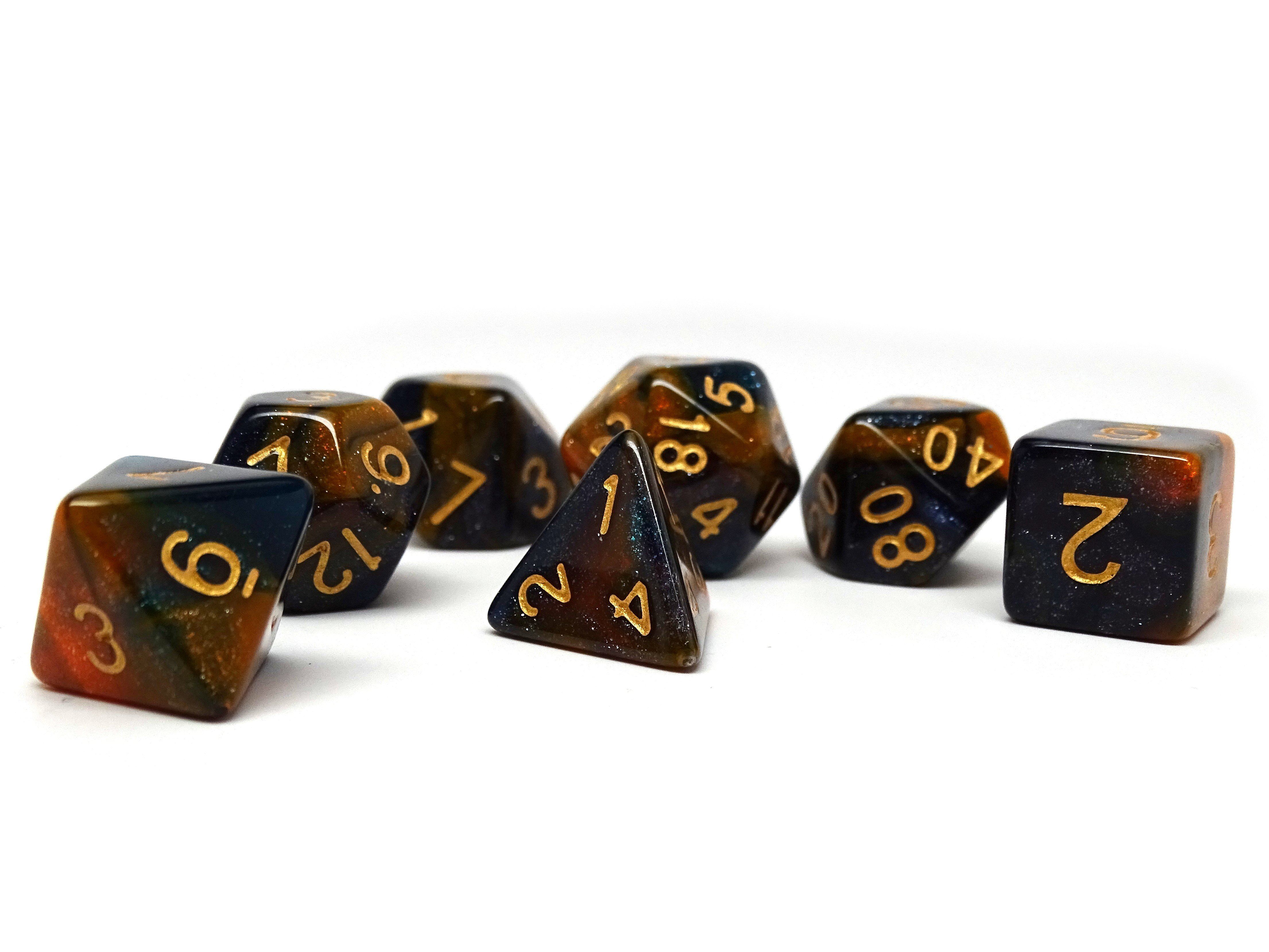 Orange and Blue Marble Dice Collection - 7 Piece Set - Bards & Cards