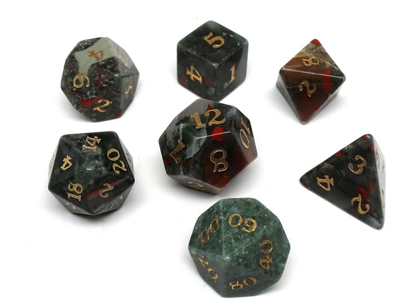 Stone Dice Collection - African Bloodstone - Signature Font - Bards & Cards