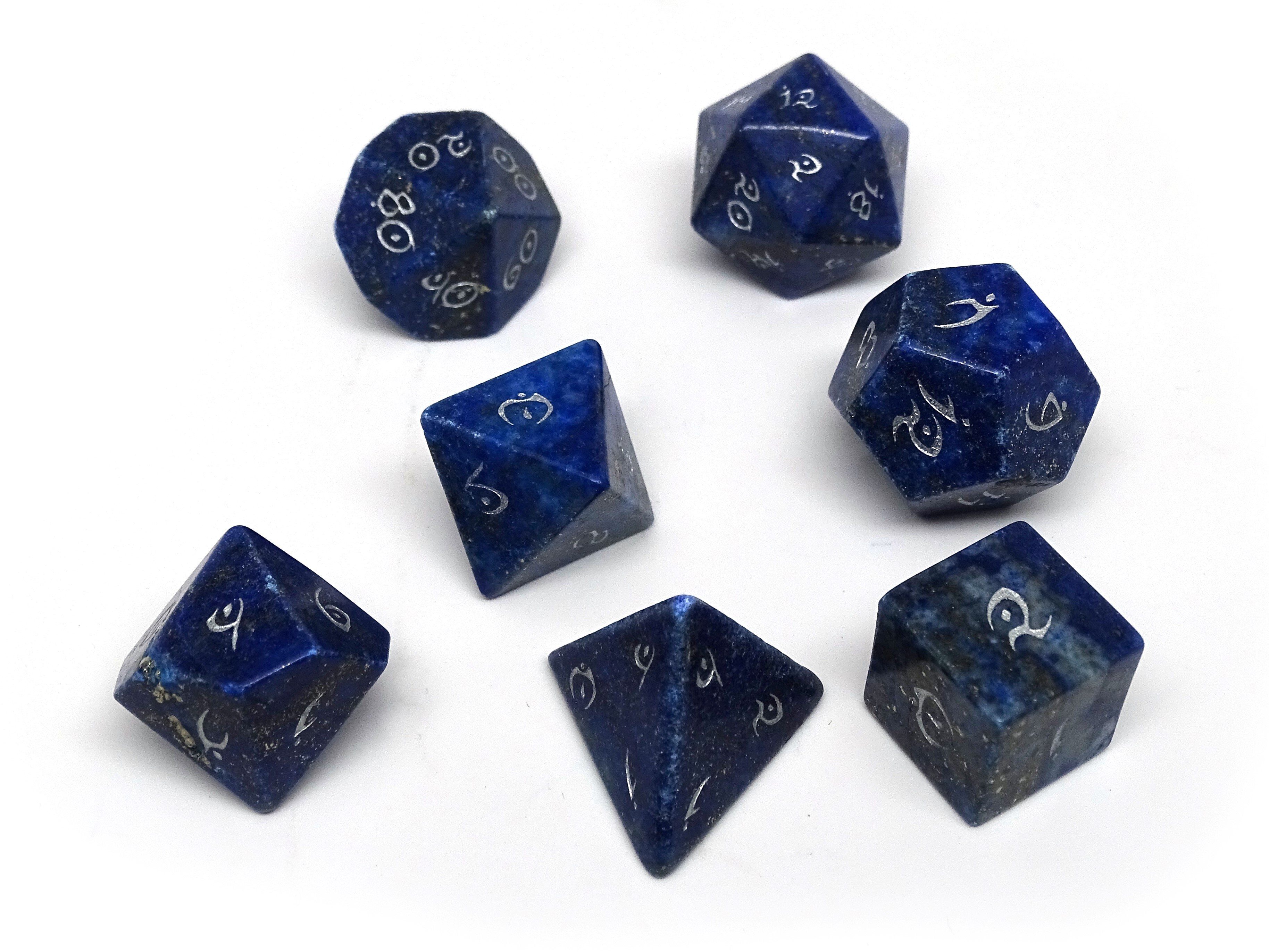 Stone Dice Collection - Lapis with Silver Numbering - Elvenkind Font - Bards & Cards