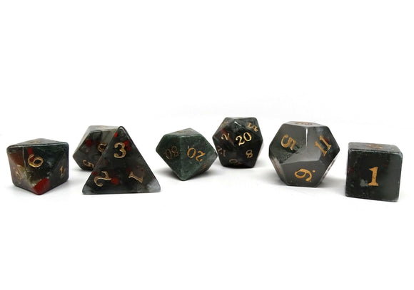 Stone Dice Collection - African Bloodstone - Signature Font - Bards & Cards