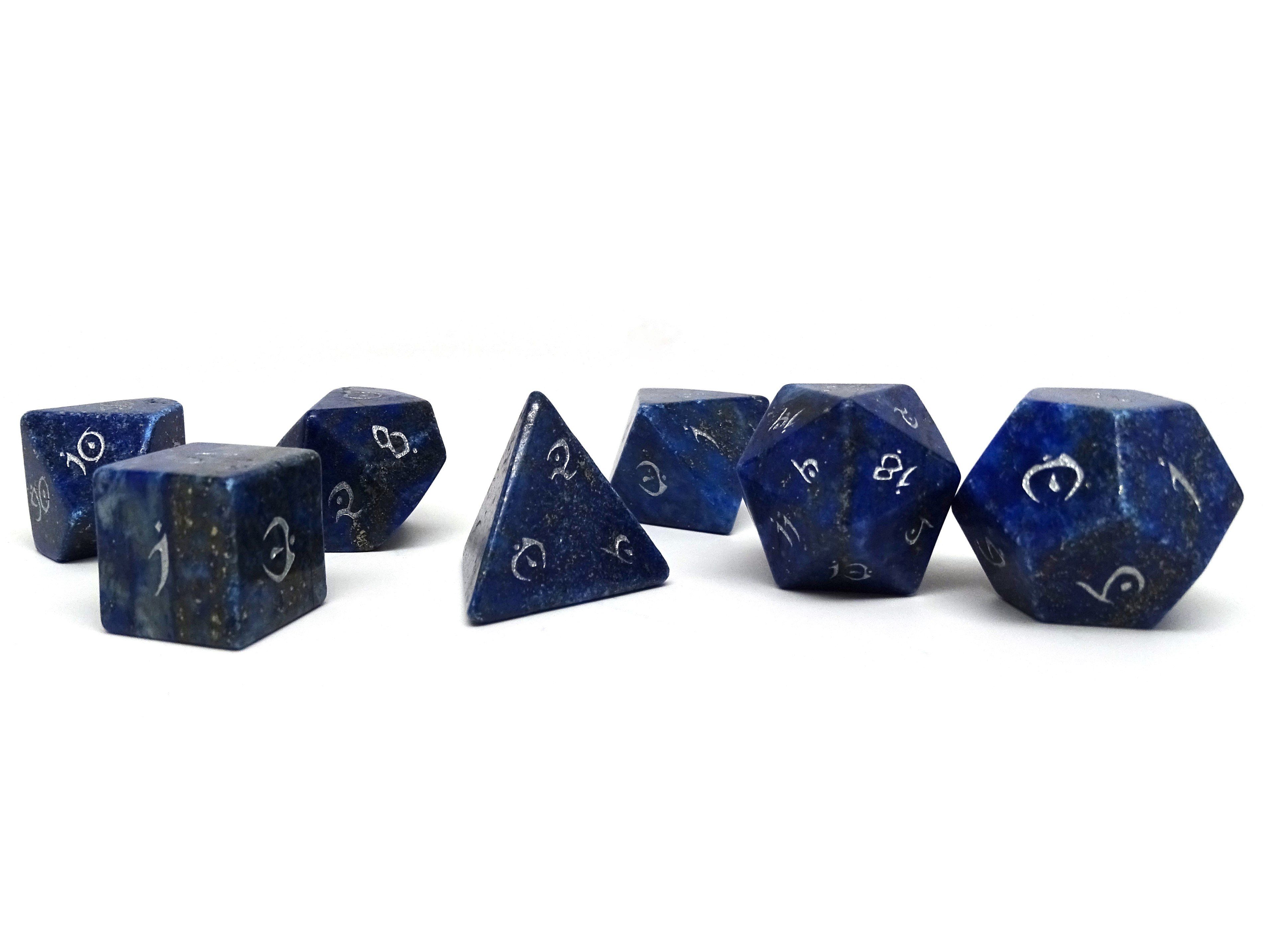 Stone Dice Collection - Lapis with Silver Numbering - Elvenkind Font - Bards & Cards