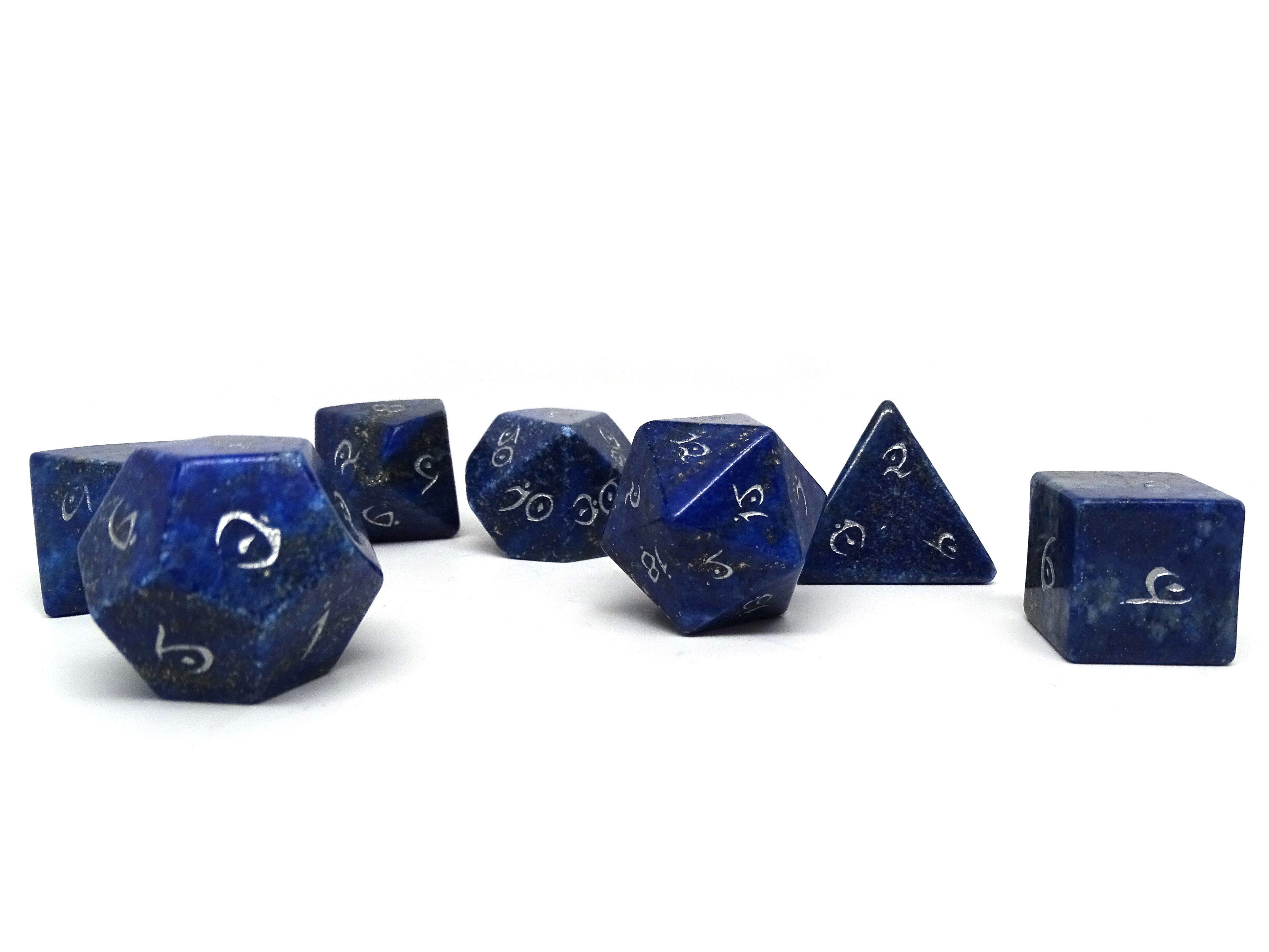 Stone Dice Collection - Lapis with Silver Numbering - Elvenkind Font - Bards & Cards