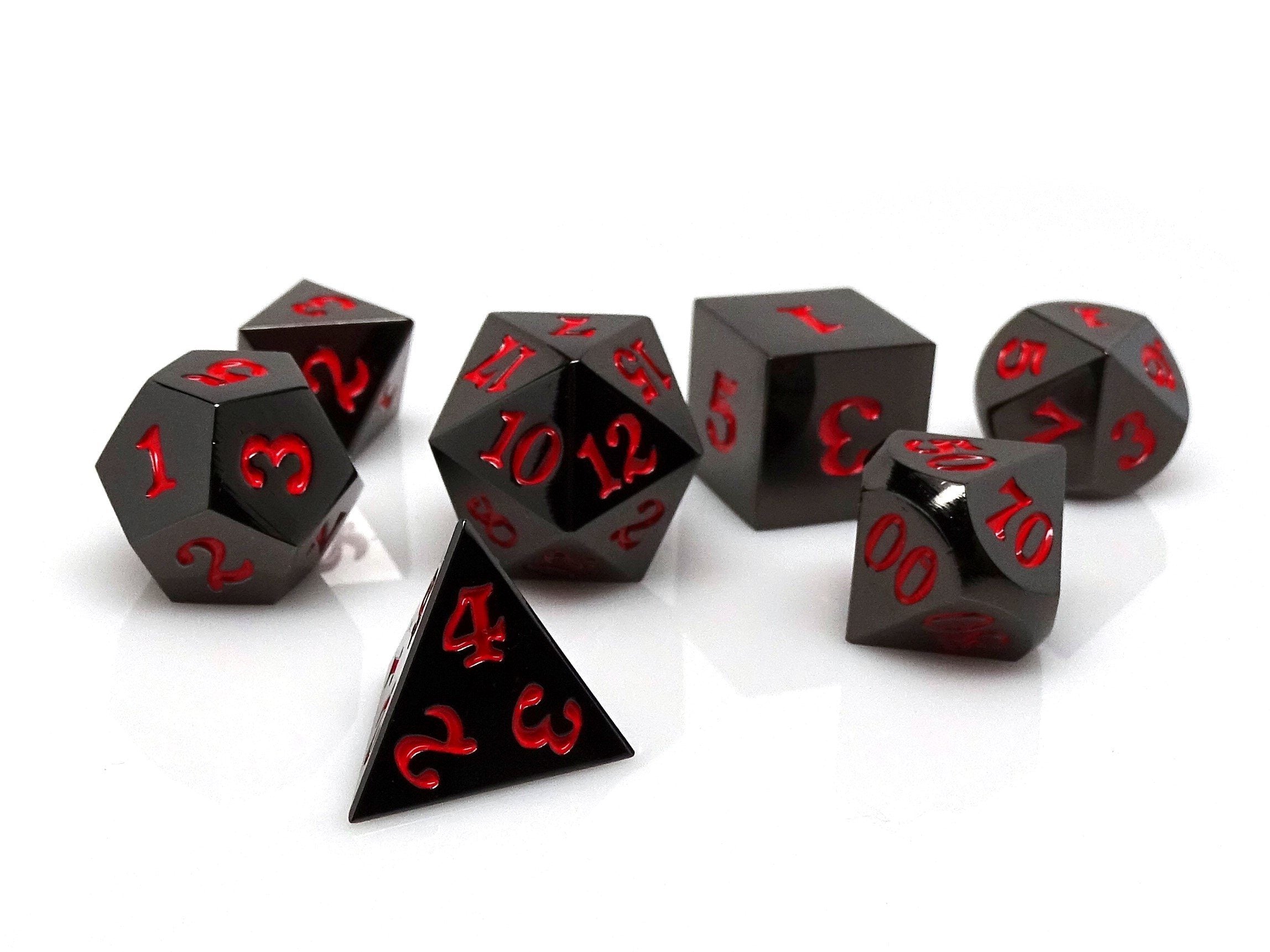 Gun Metal 7 Piece Dice Set - Signature Font - Red - Bards & Cards