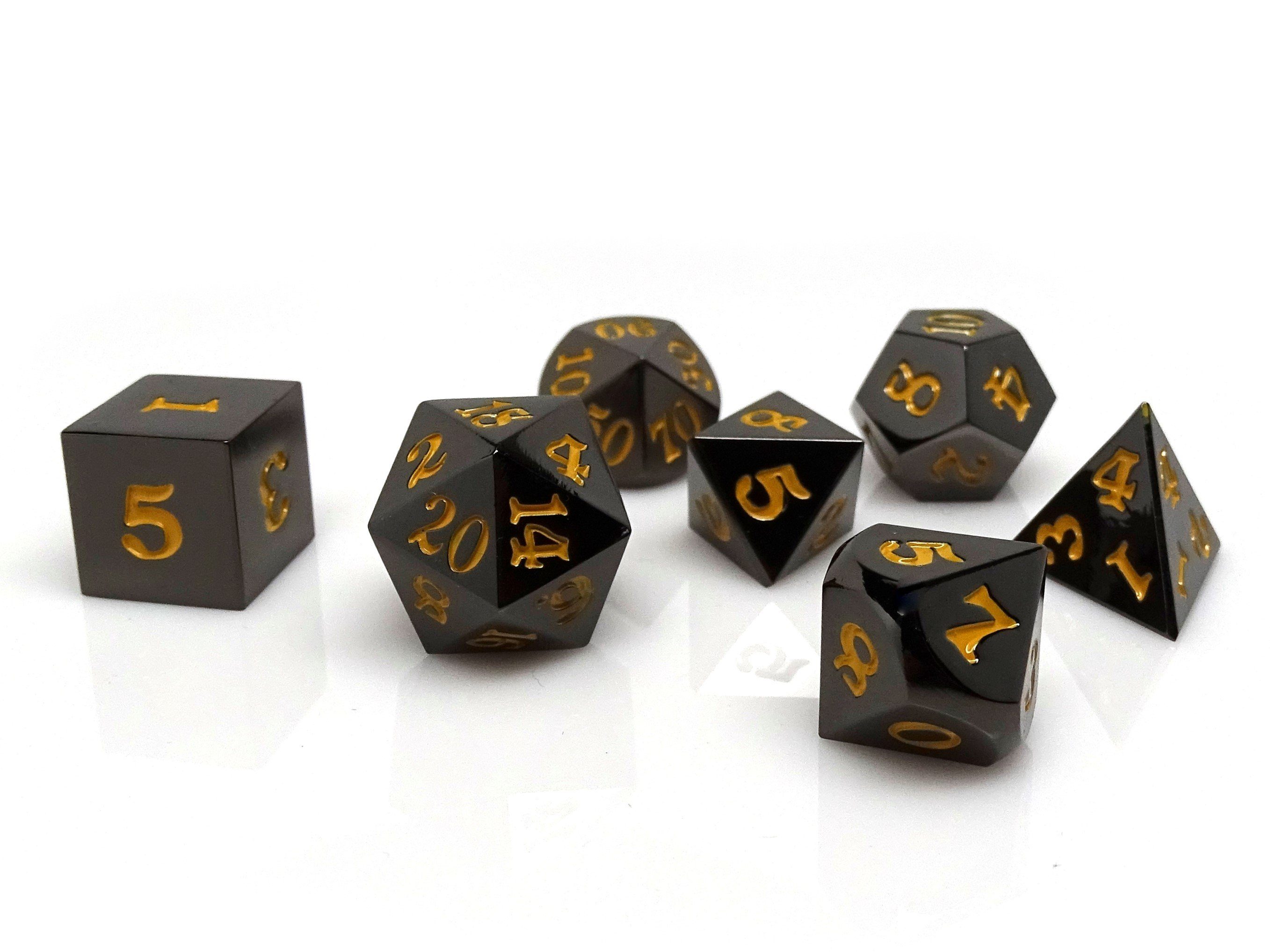 Gun Metal 7 Piece Dice Set - Signature Font - Gold - Bards & Cards