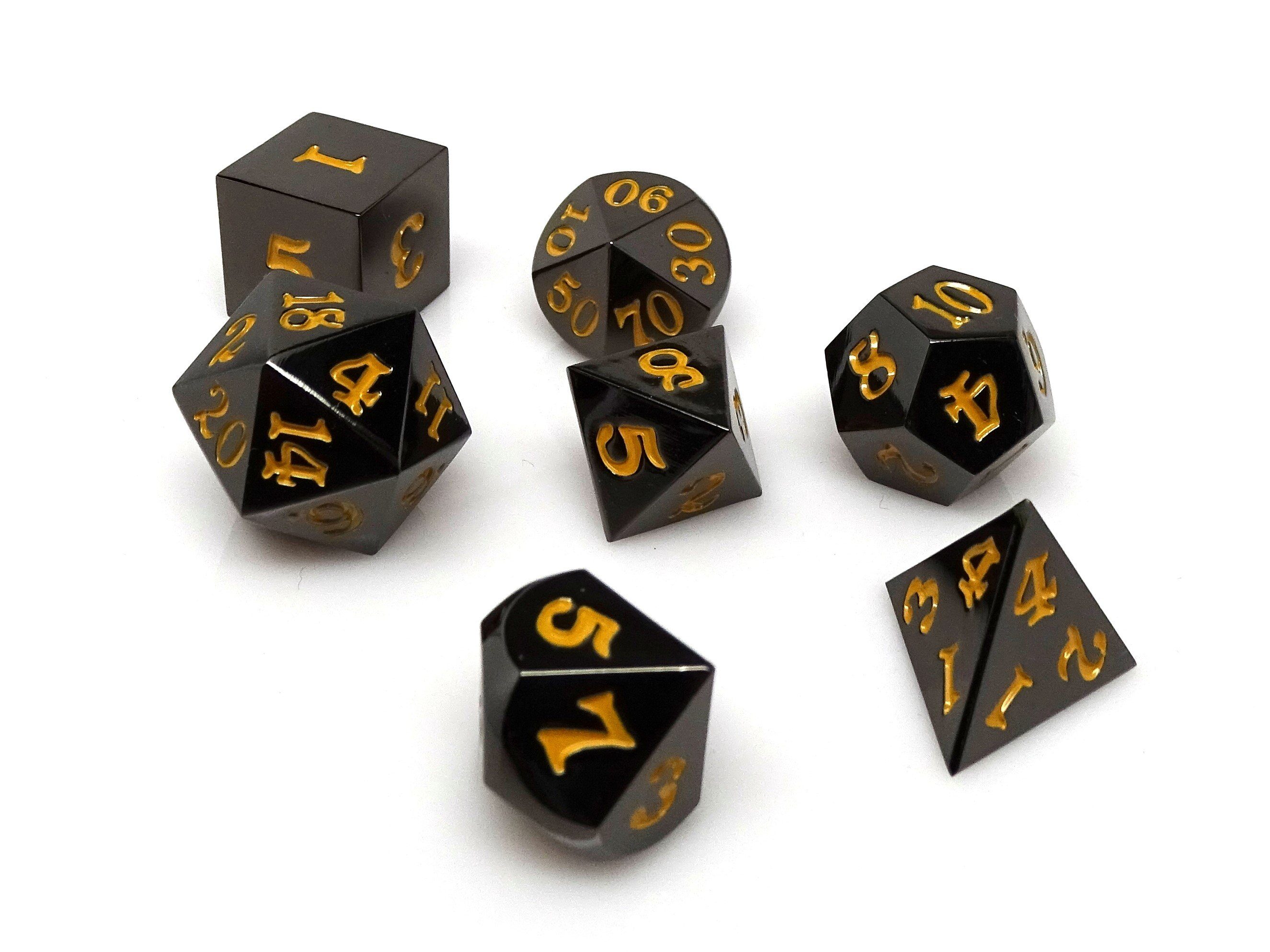 Gun Metal 7 Piece Dice Set - Signature Font - Gold - Bards & Cards