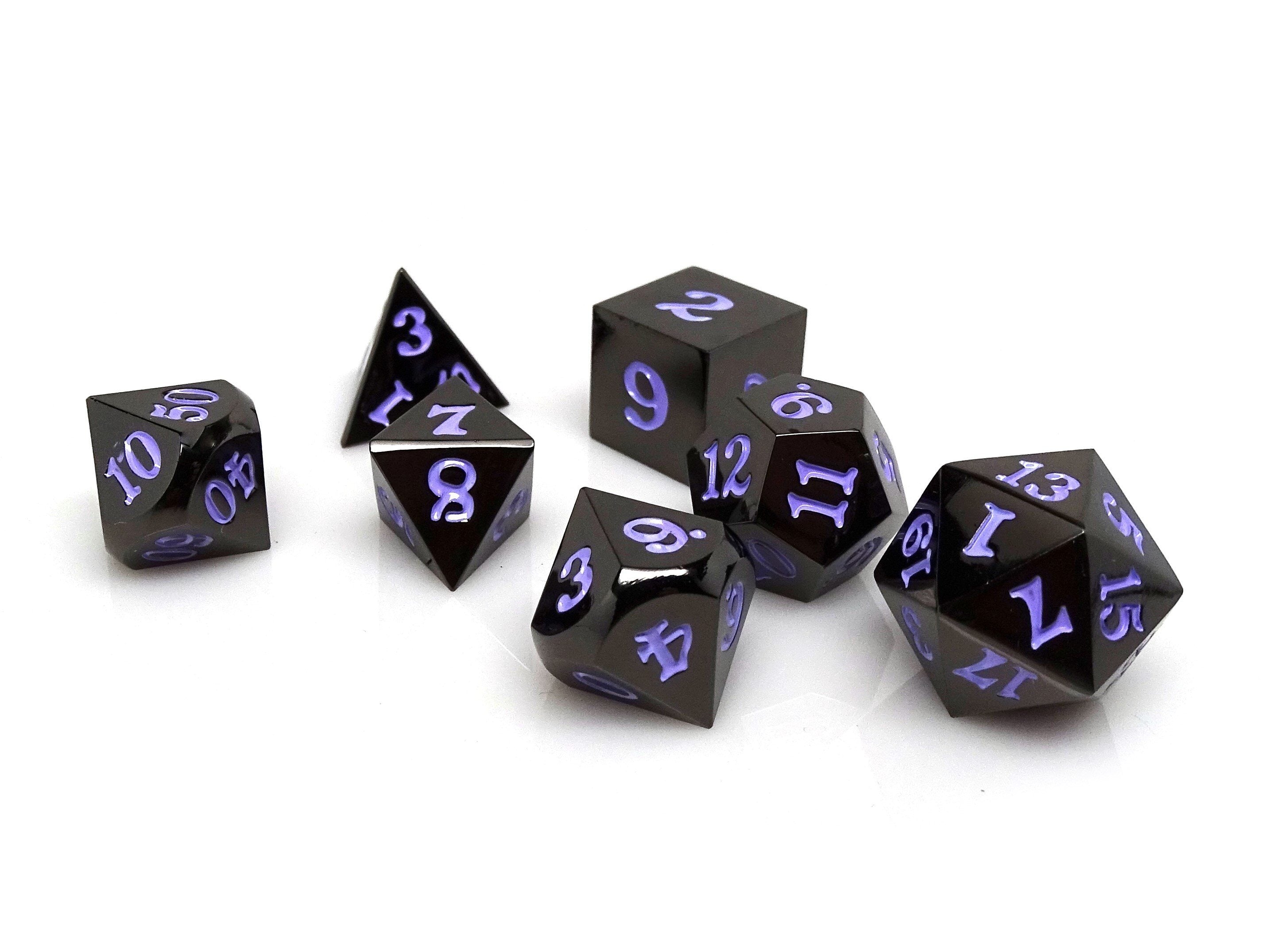 Gun Metal 7 Piece Dice Set - Signature Font - Purple - Bards & Cards